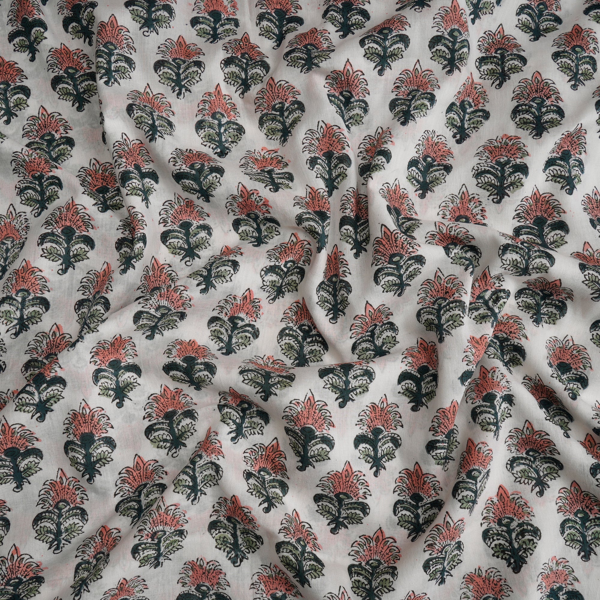 White Booti Pattern Hand Block Printed Cotton Mulmul Fabric