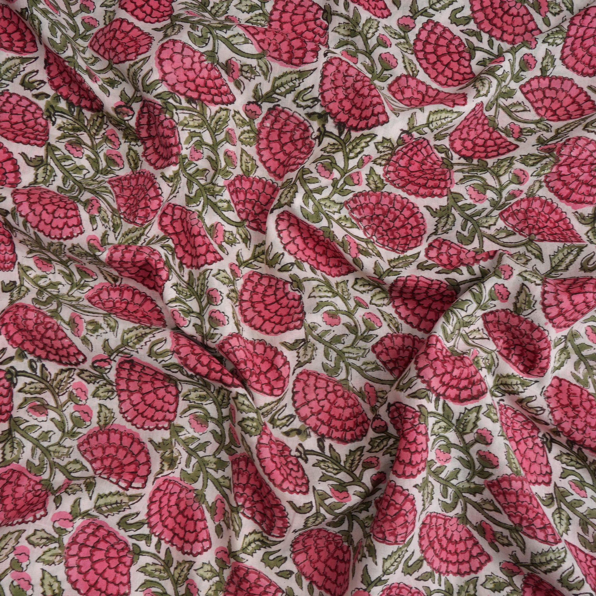 Baby Pink Floral Pattern Hand Block Printed Cotton Mulmul Fabric