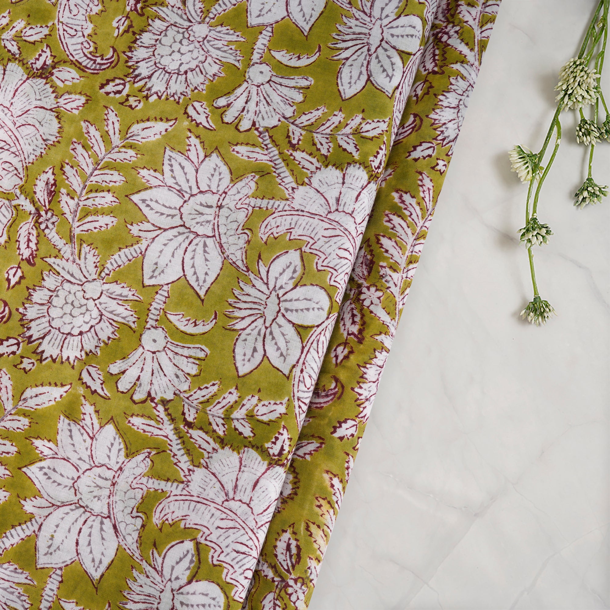 Palm Floral Pattern Hand Block Printed Cotton Mulmul Fabric