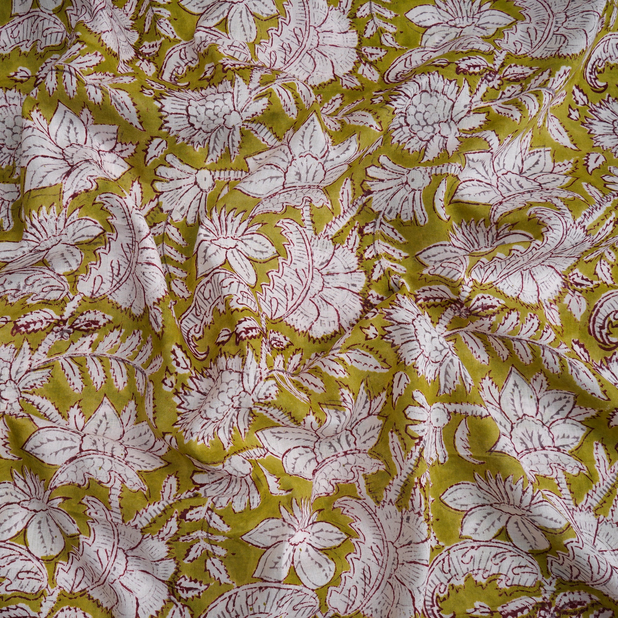 Palm Floral Pattern Hand Block Printed Cotton Mulmul Fabric