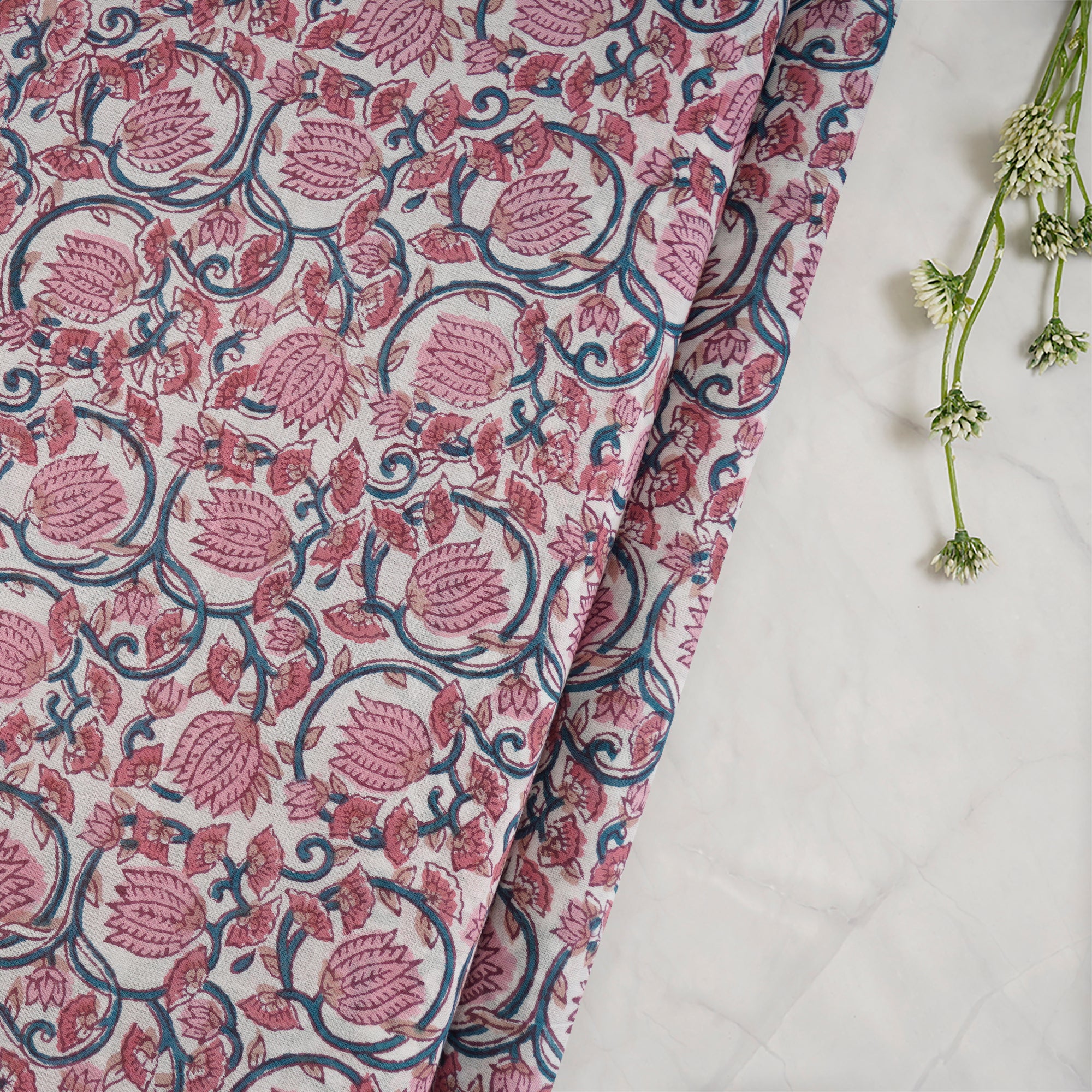 White Floral Pattern Hand Block Printed Cotton Mulmul Fabric