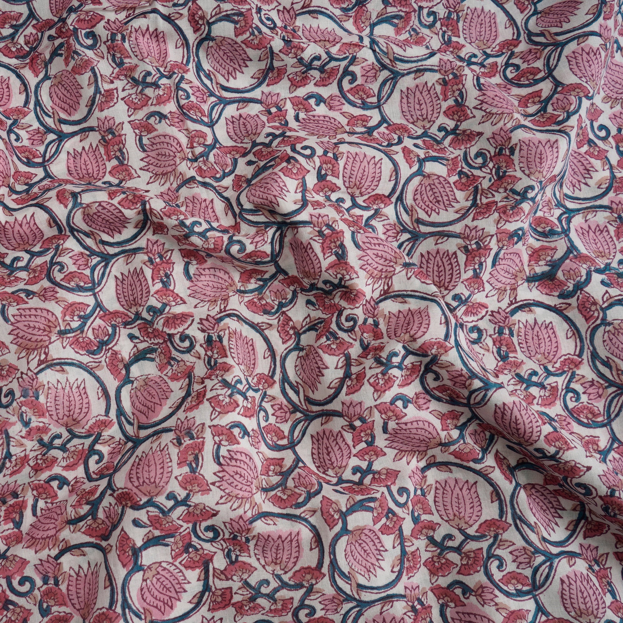 White Floral Pattern Hand Block Printed Cotton Mulmul Fabric