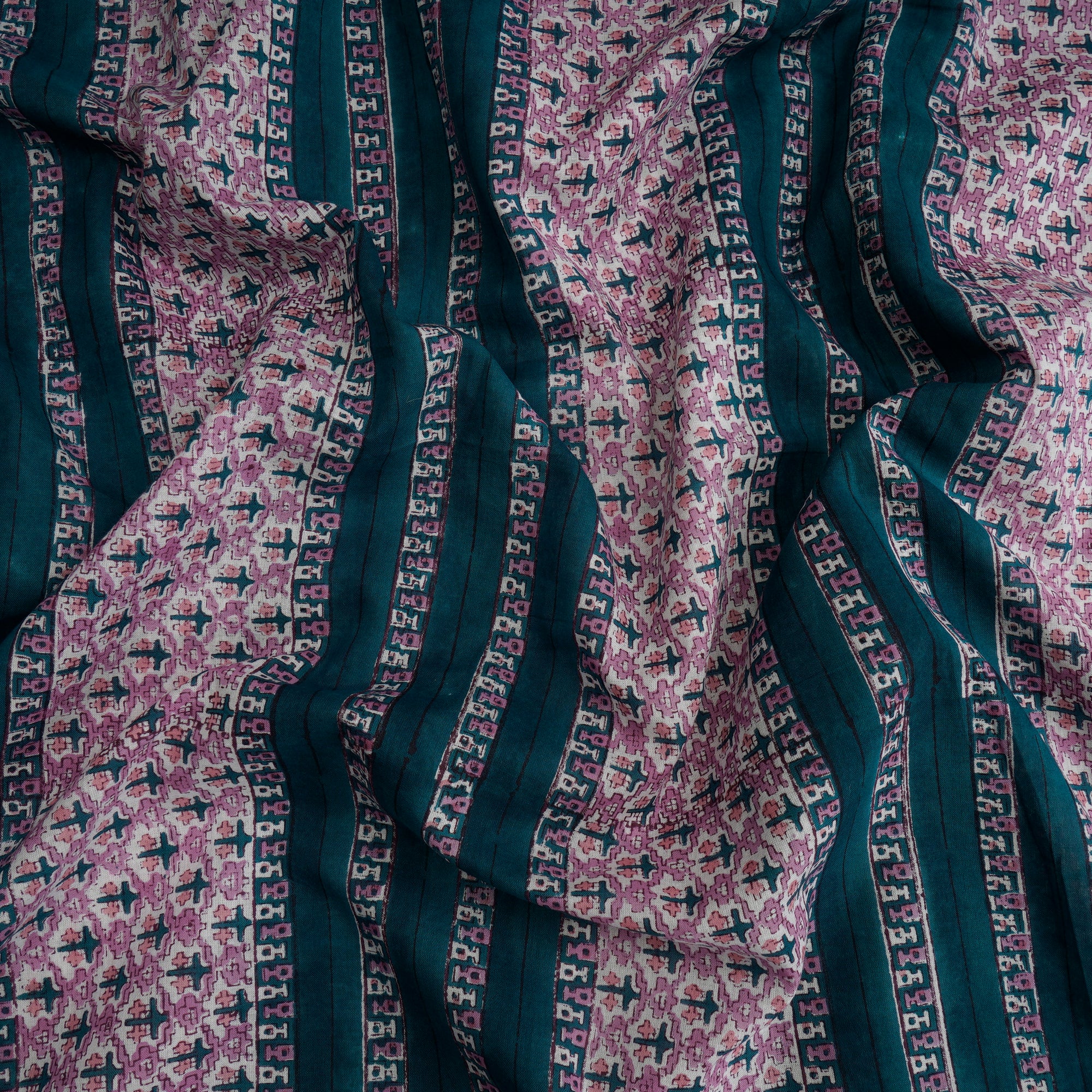 Deep Lagoon Geometric Pattern Hand Block Printed Cotton Mulmul Fabric