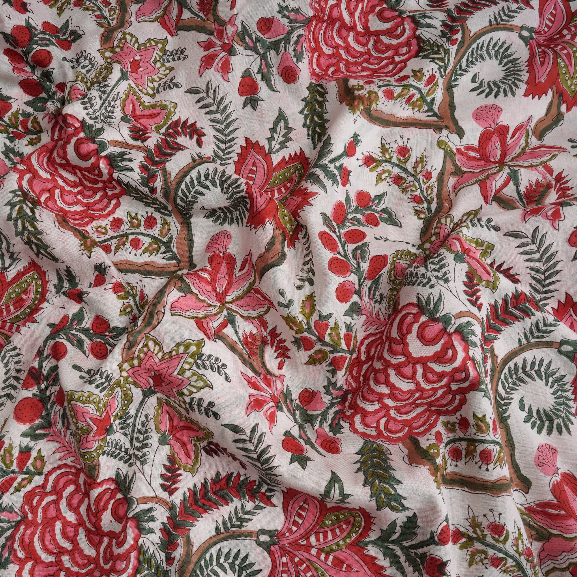 White Floral Pattern Hand Block Printed Cotton Mulmul Fabric