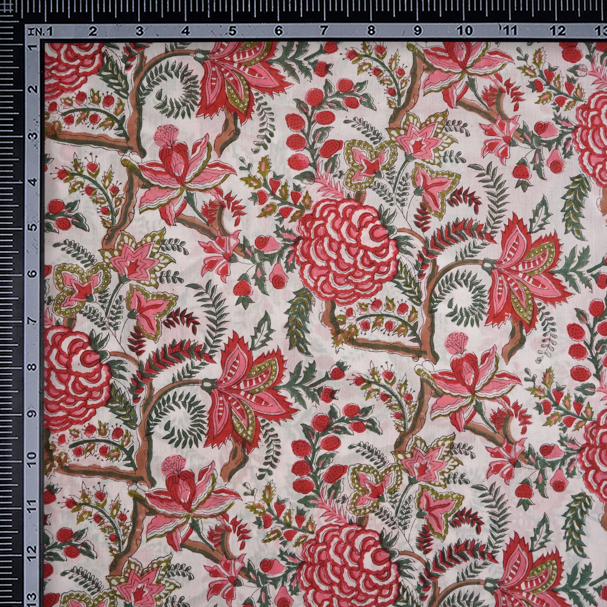 White Floral Pattern Hand Block Printed Cotton Mulmul Fabric