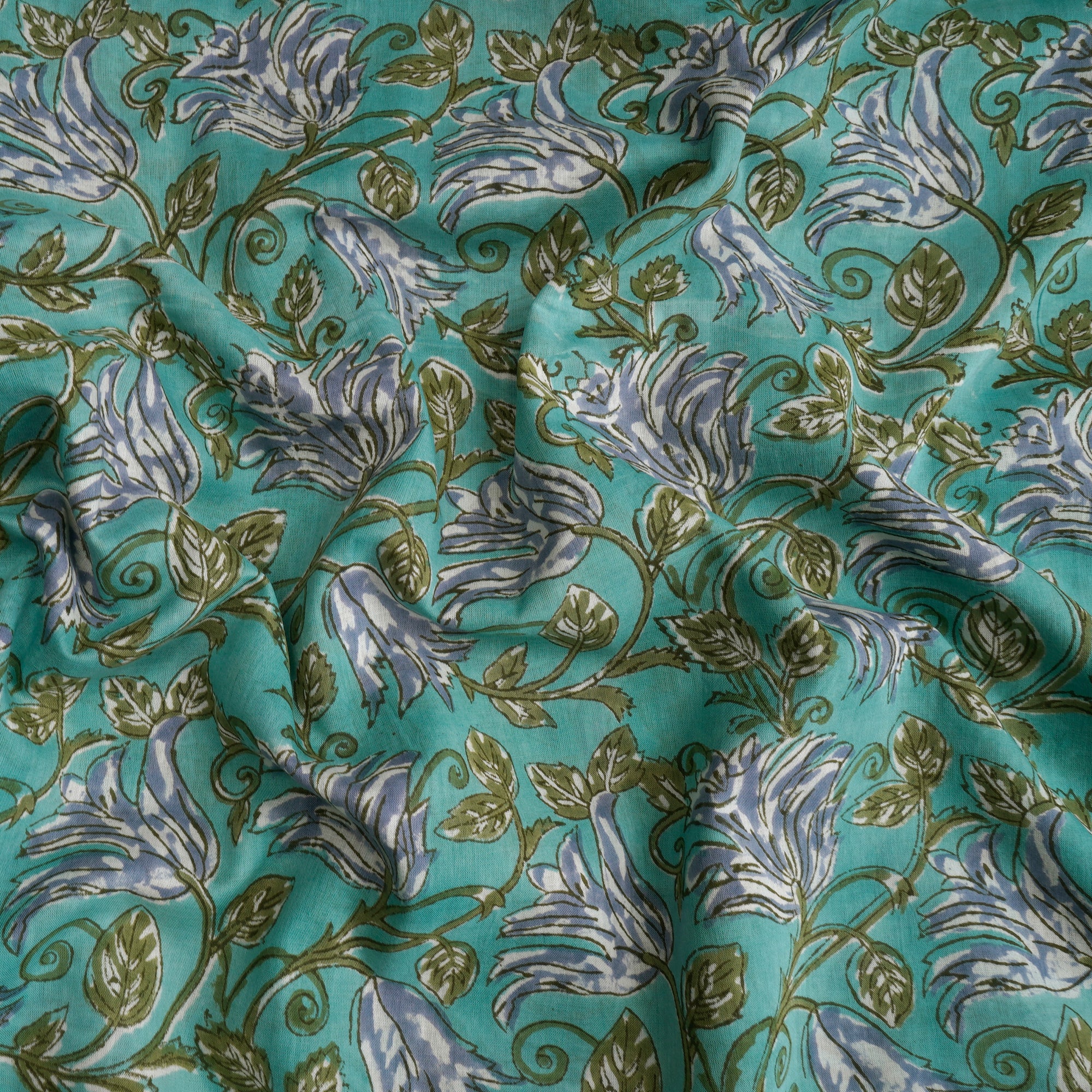 Sky Blue Hand Block Printed Cotton Mulmul Fabric