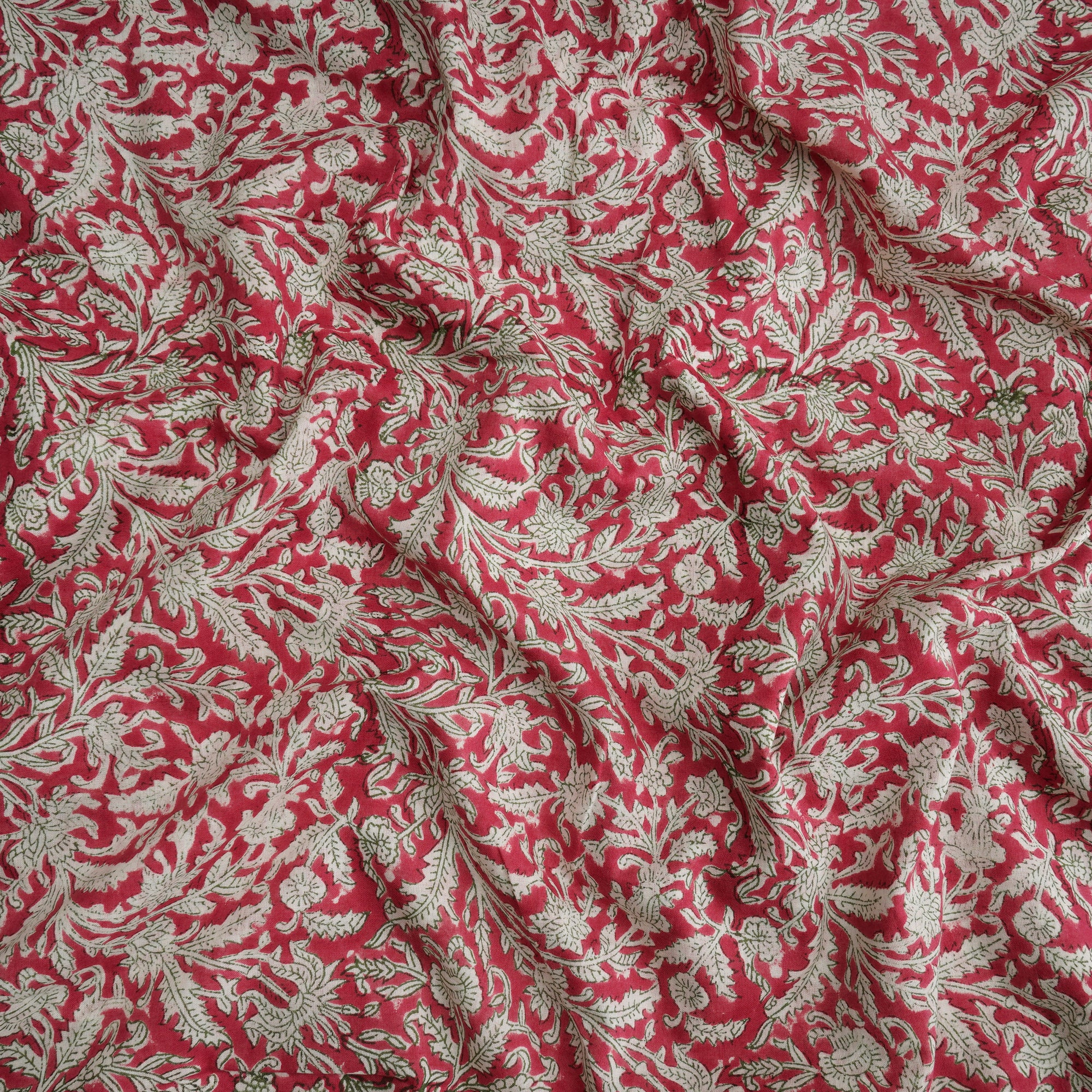 Claret Red Floral Pattern Hand Block Printed Cotton Mulmul Fabric