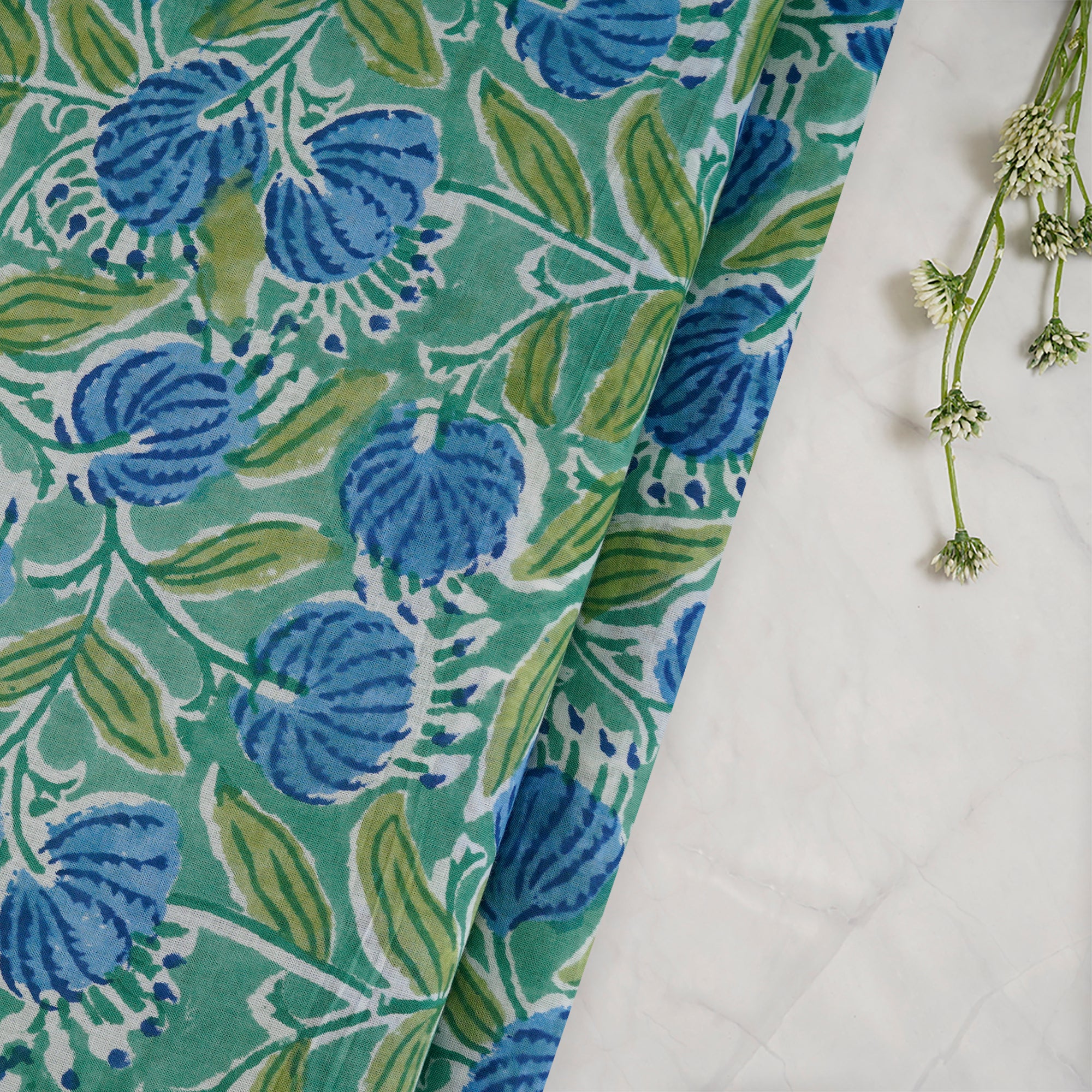 Neptune Green Hand Block Printed Cotton Mulmul Fabric