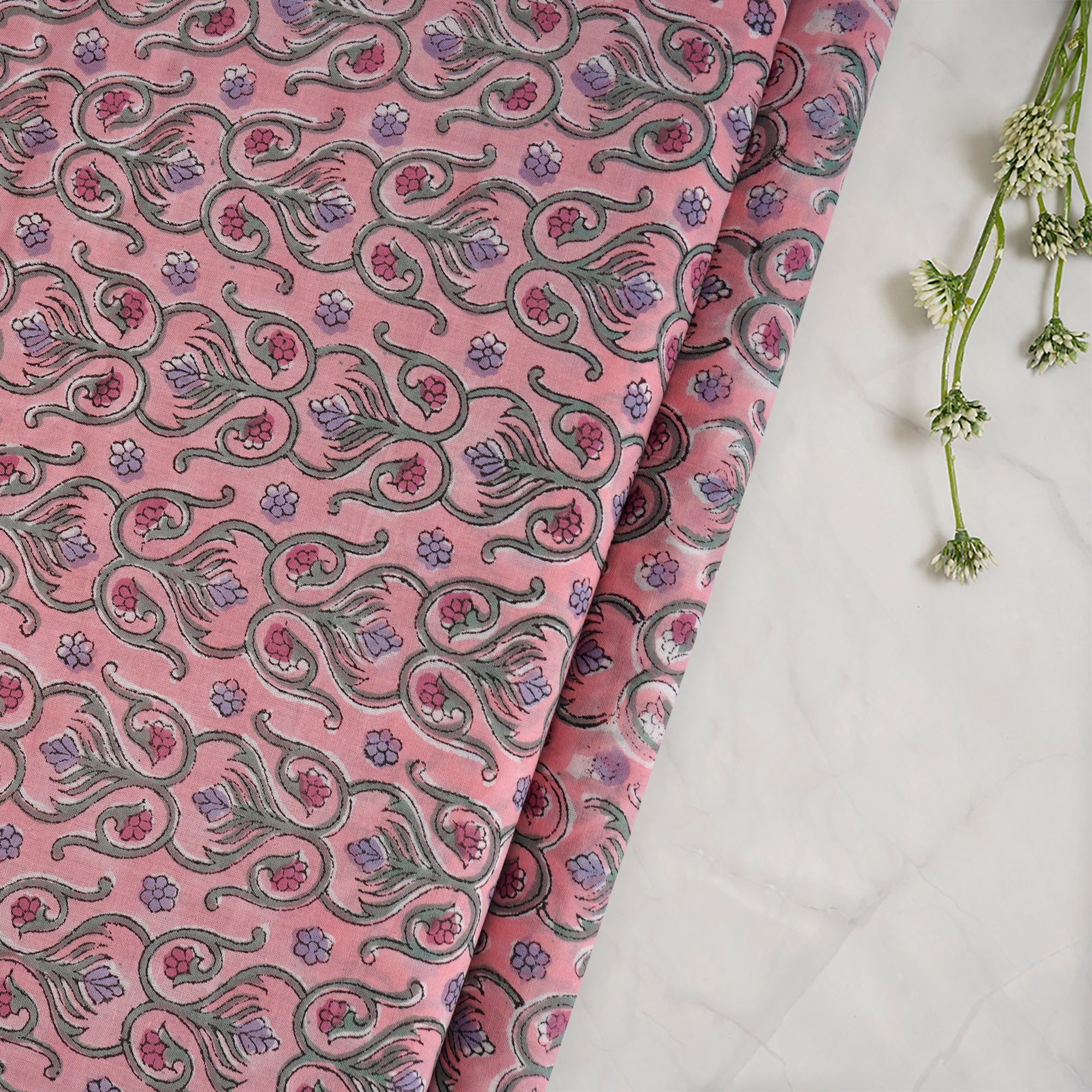 Baby Pink Flral Pattern Hand Block Printed Cotton Mulmul Fabric