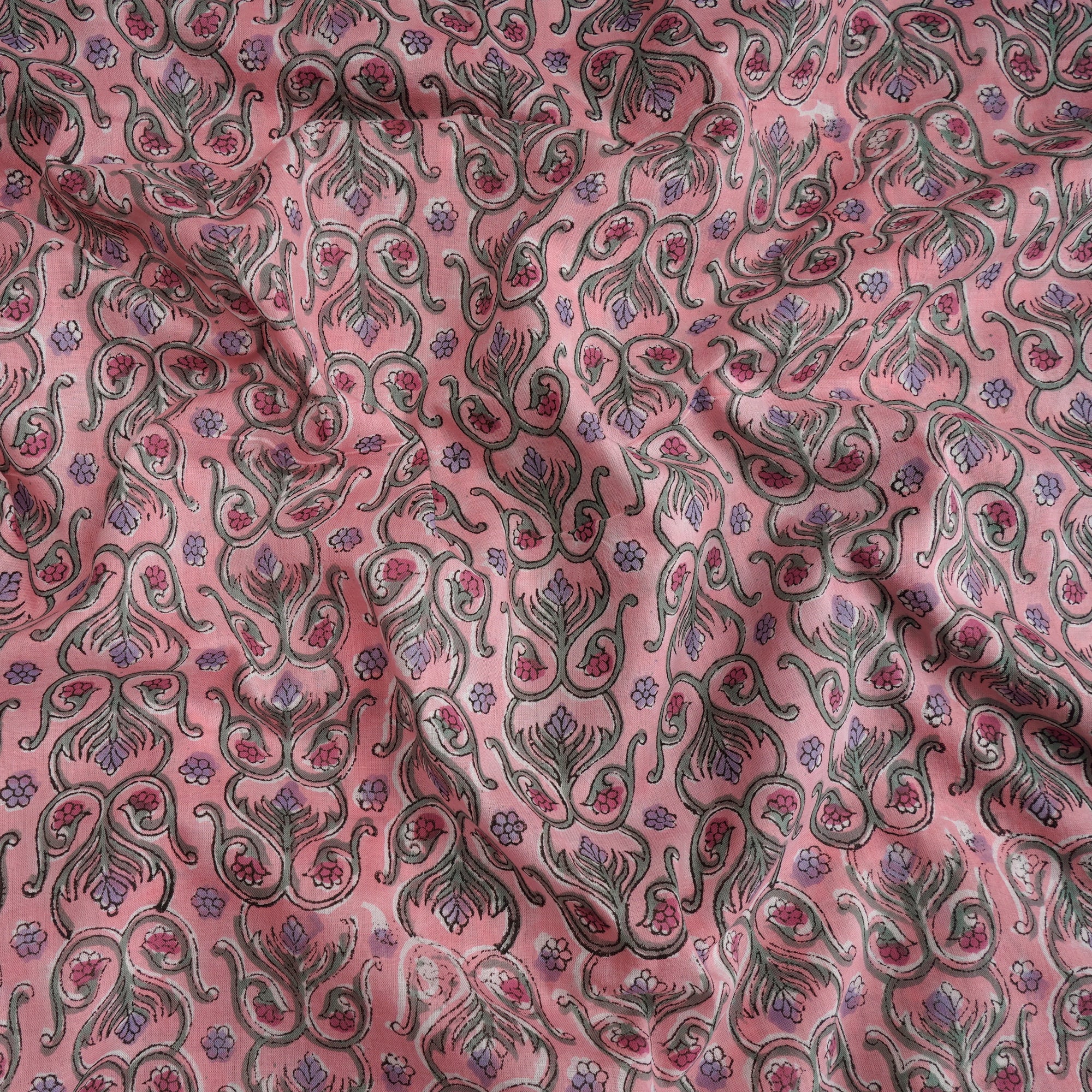 Baby Pink Flral Pattern Hand Block Printed Cotton Mulmul Fabric