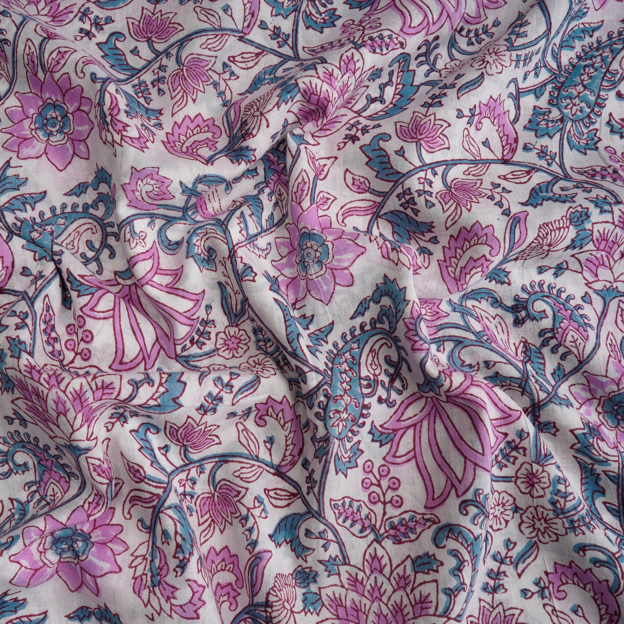 White Floral Pattern Hand Block Printed Cotton Mulmul Fabric