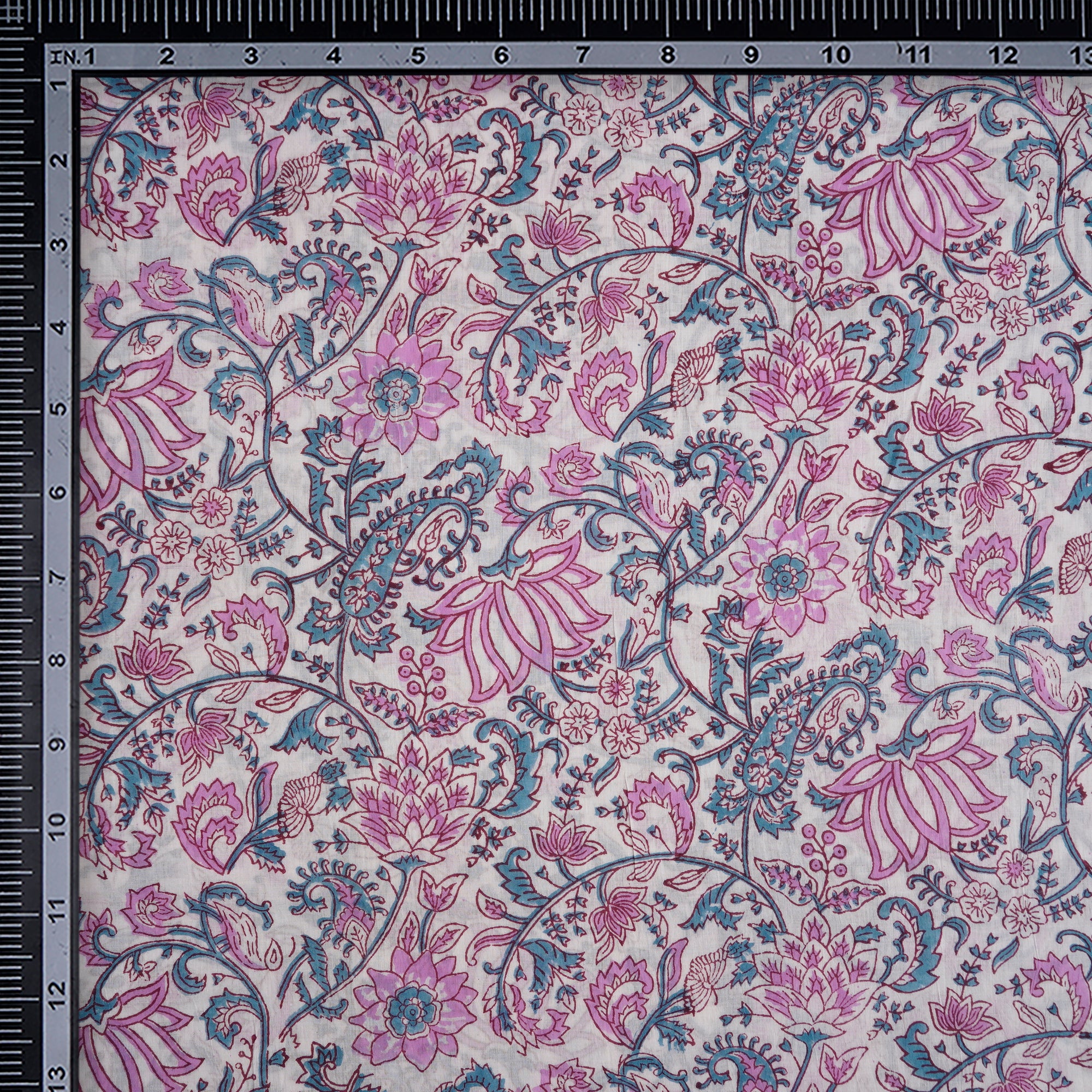 White Floral Pattern Hand Block Printed Cotton Mulmul Fabric