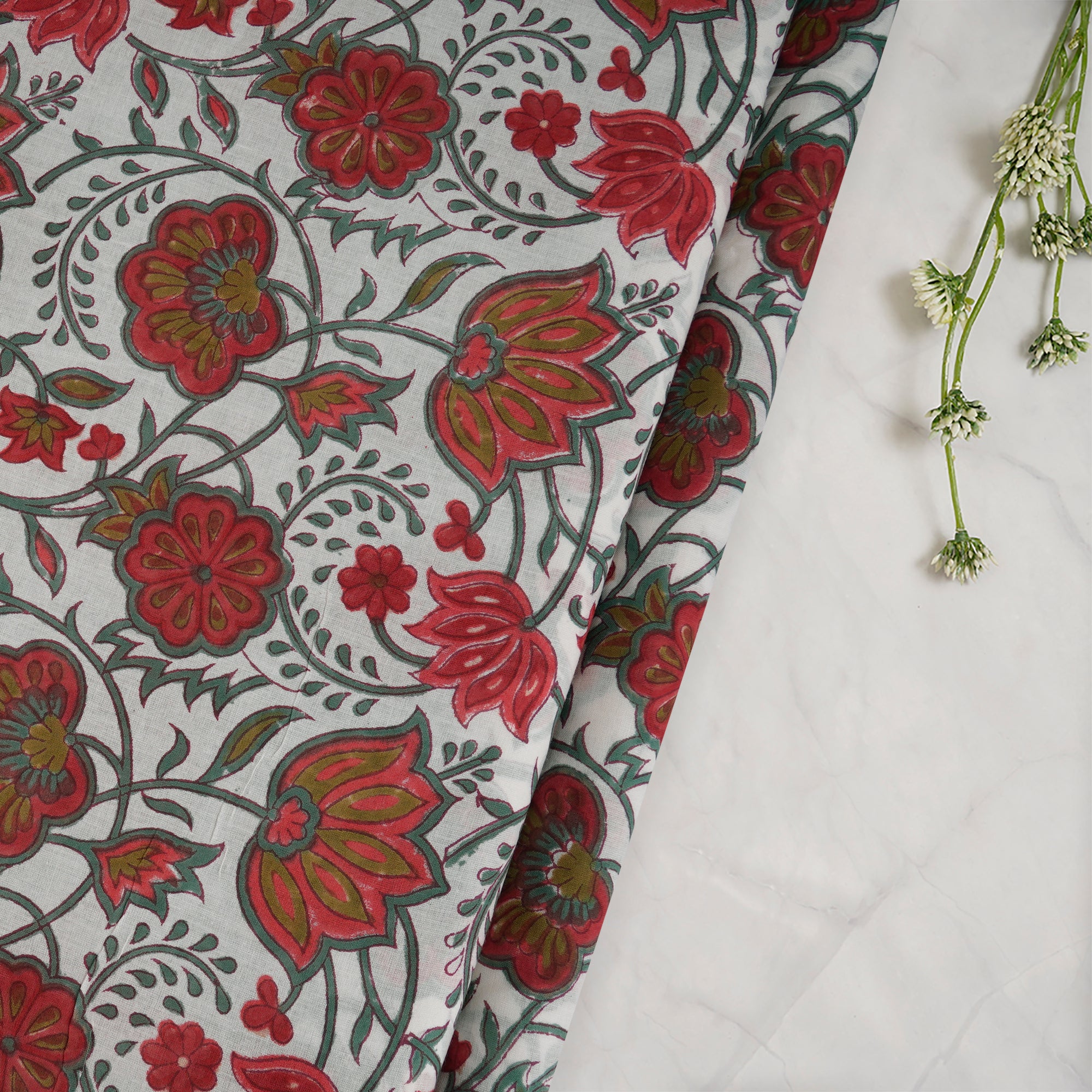 White Floral Pattern Hand Block Printed Cotton Mulmul Fabric