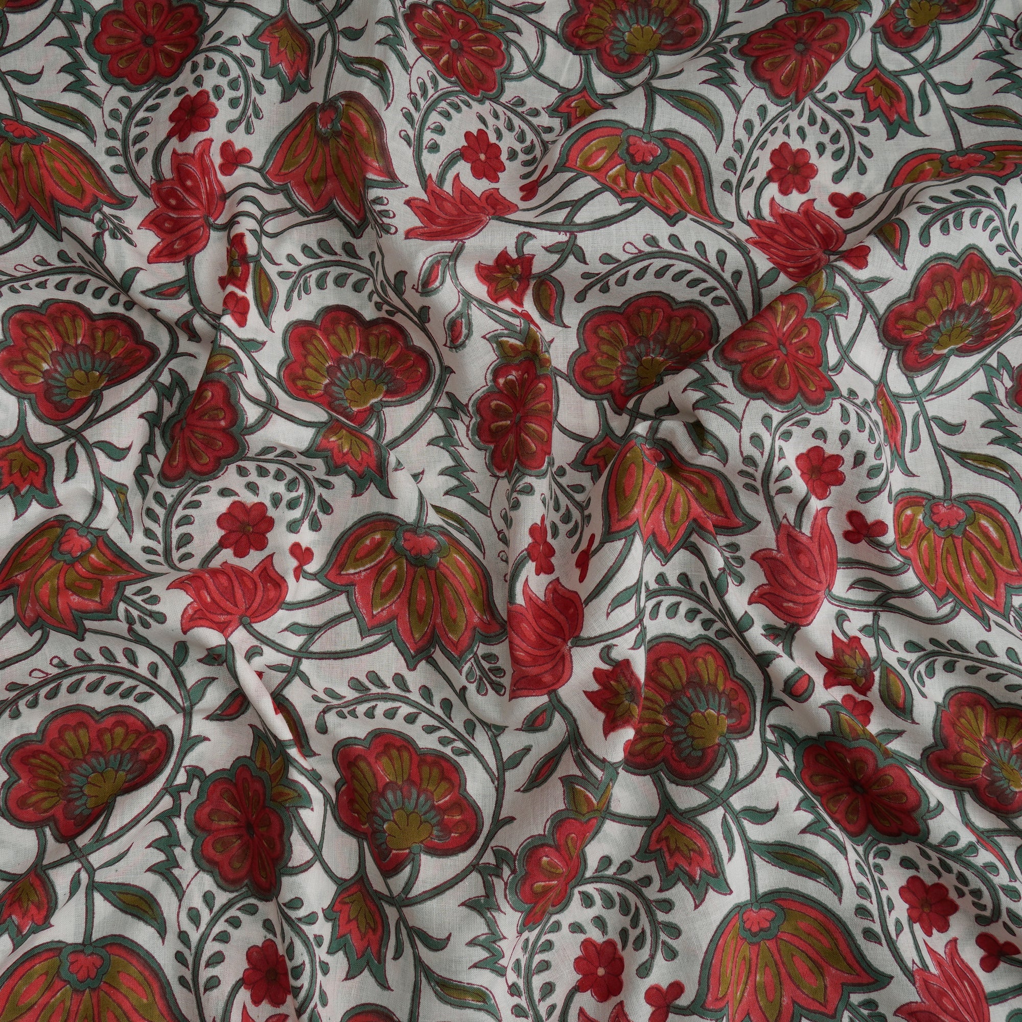 White Floral Pattern Hand Block Printed Cotton Mulmul Fabric