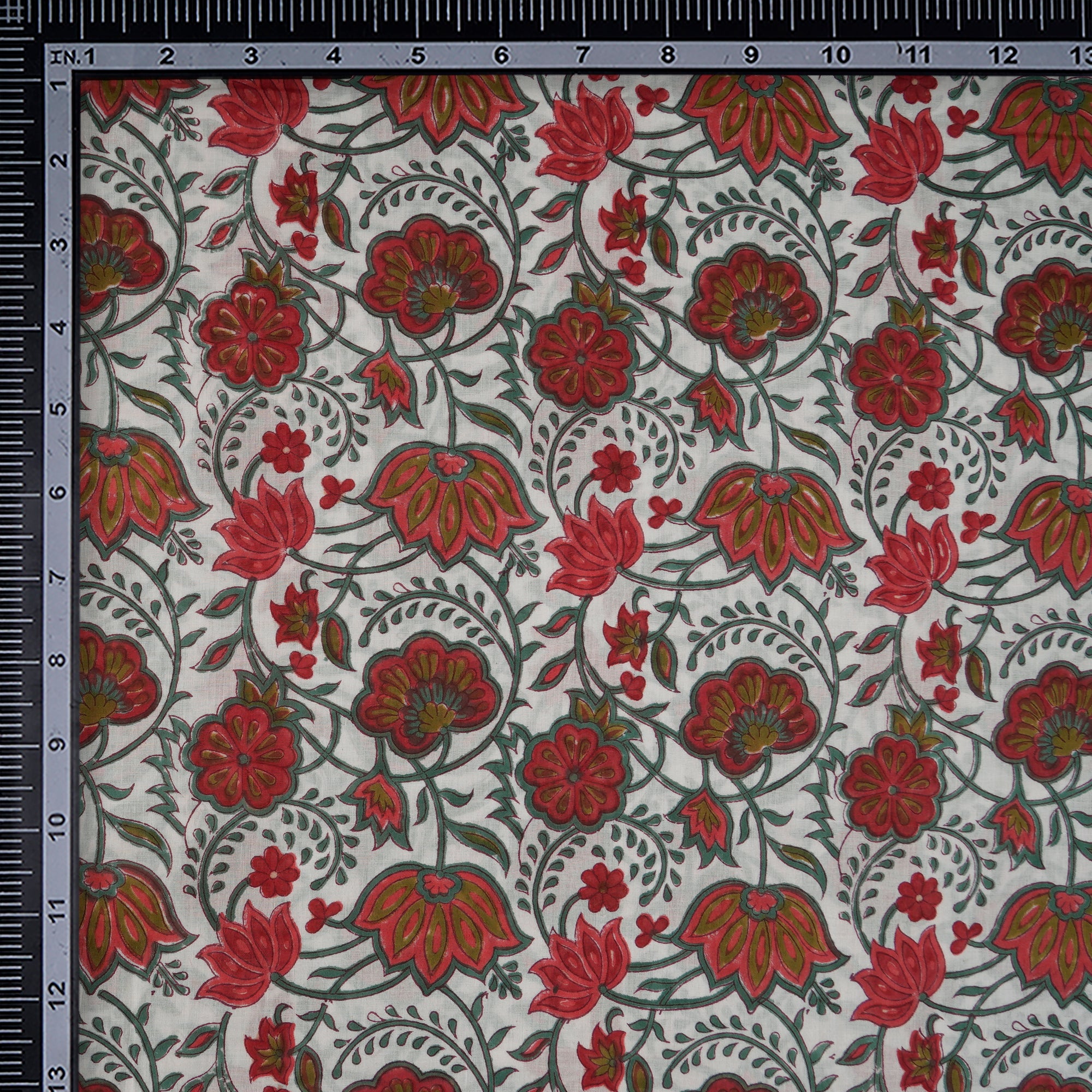 White Floral Pattern Hand Block Printed Cotton Mulmul Fabric