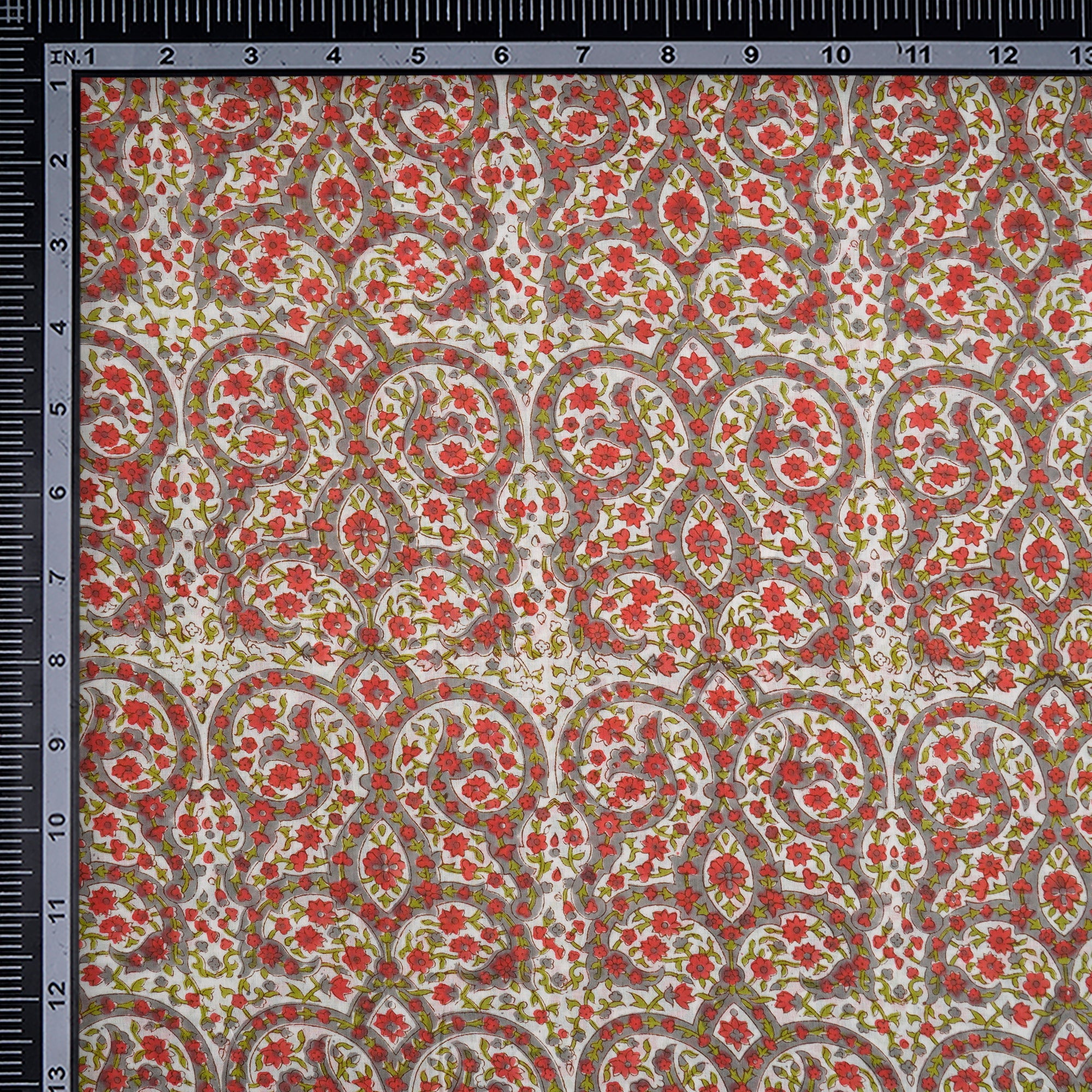 White Floral Pattern Hand Block Printed Cotton Mulmul Fabric