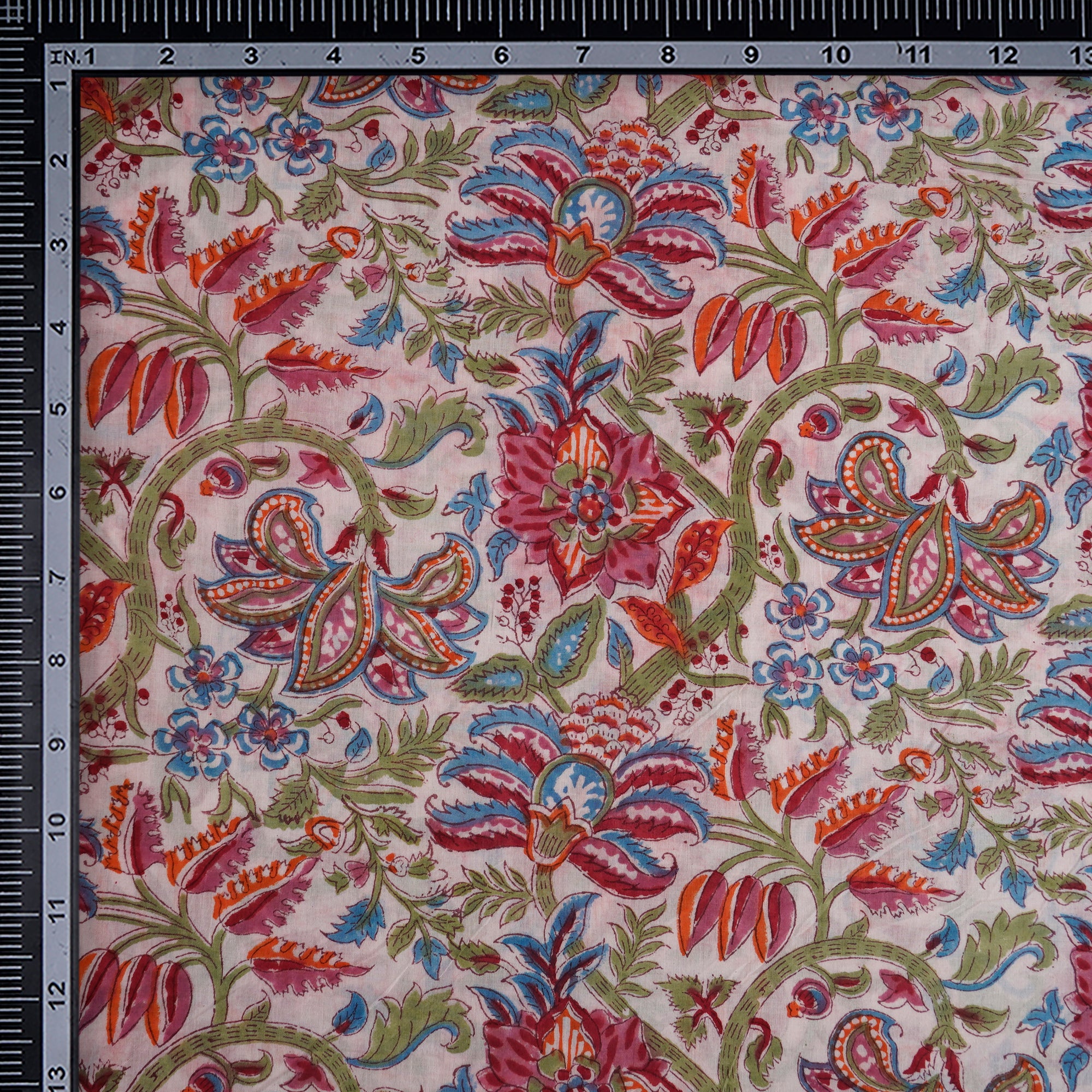 White Floral Pattern Hand Block Printed Cotton Mulmul Fabric