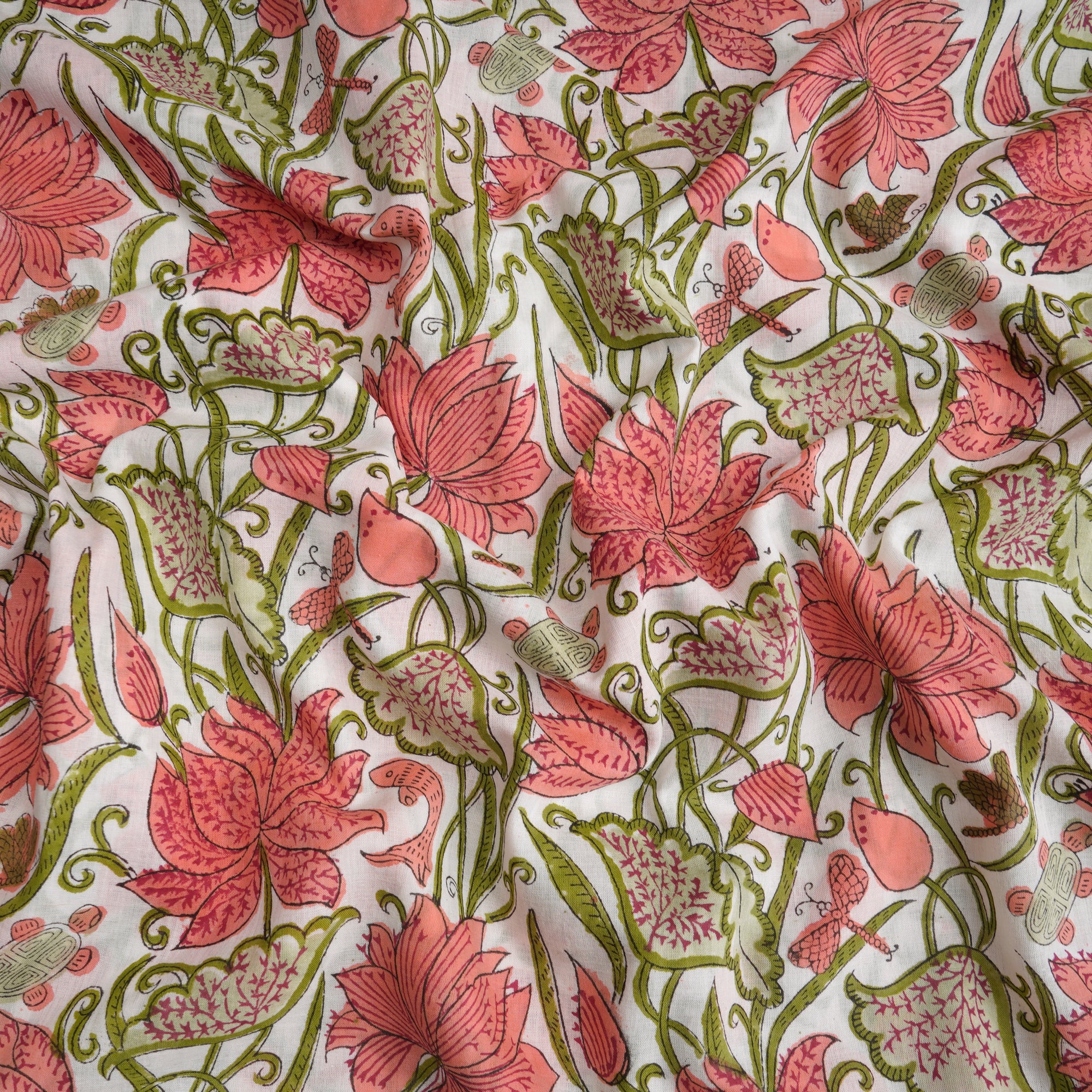 White Floral Pattern Hand Block Printed Cotton Mulmul Fabric