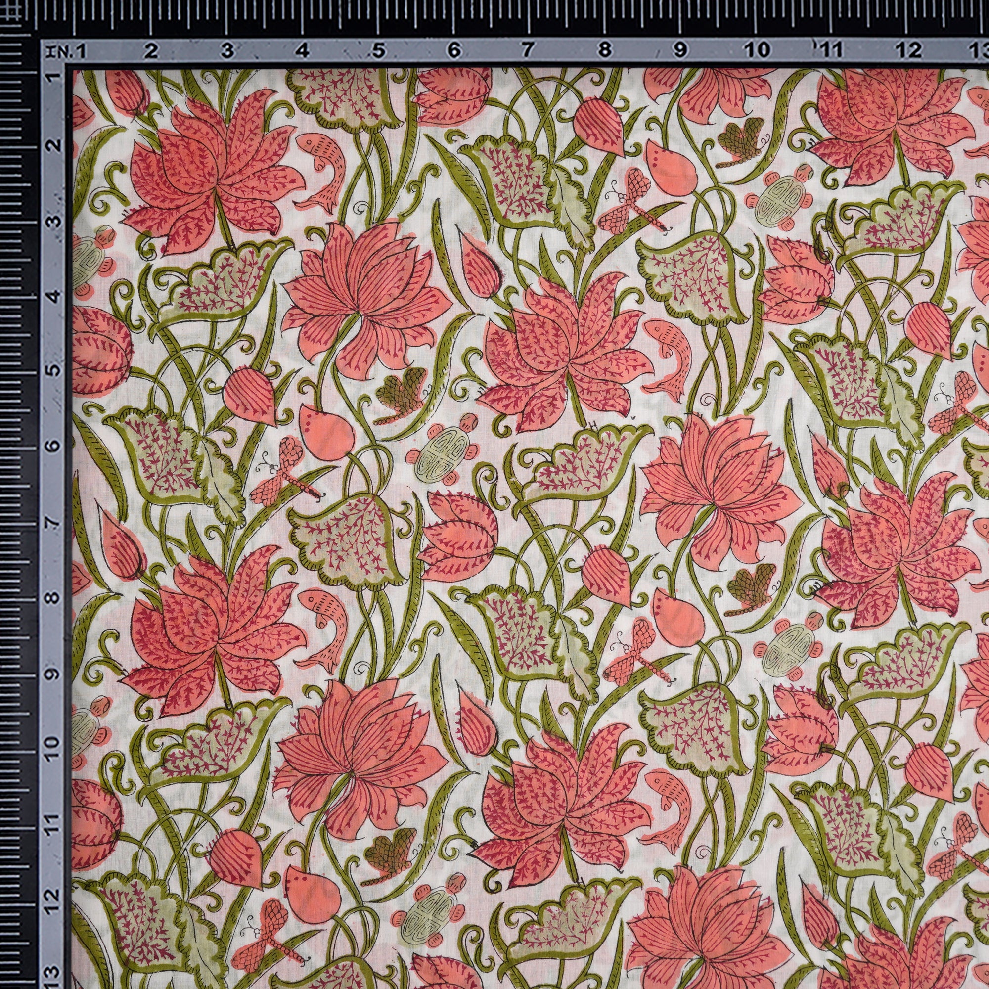 White Floral Pattern Hand Block Printed Cotton Mulmul Fabric