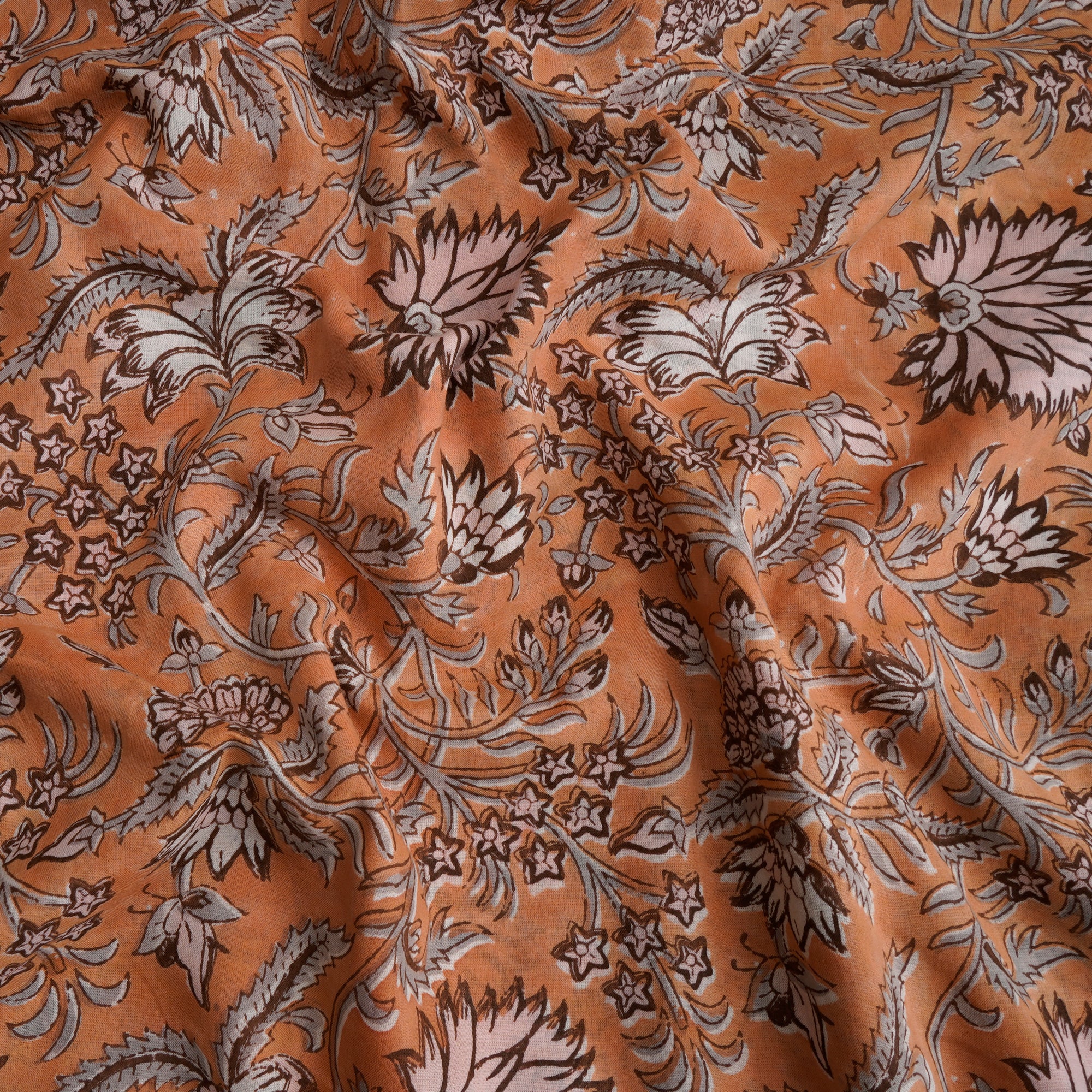 Pheasant Floral Pattern Hand Block Printed Cotton Mulmul Fabric