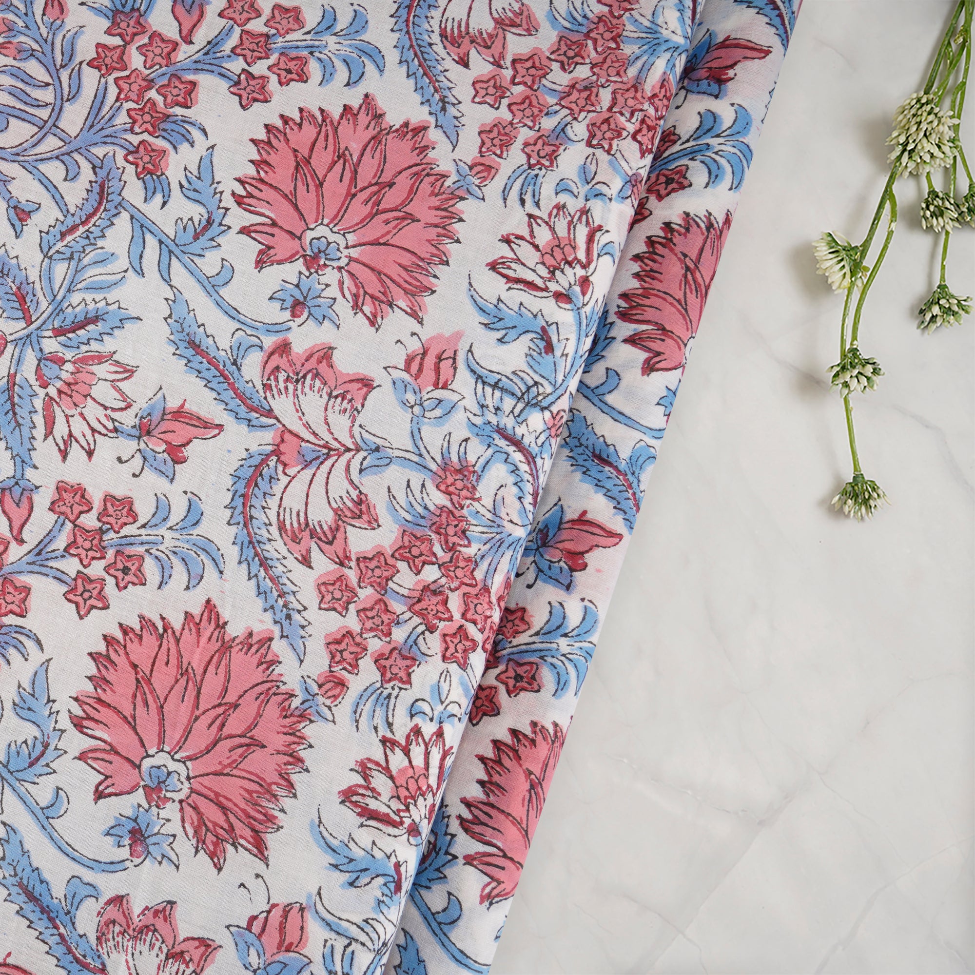 White Floral Pattern Hand Block Printed Cotton Mulmul Fabric