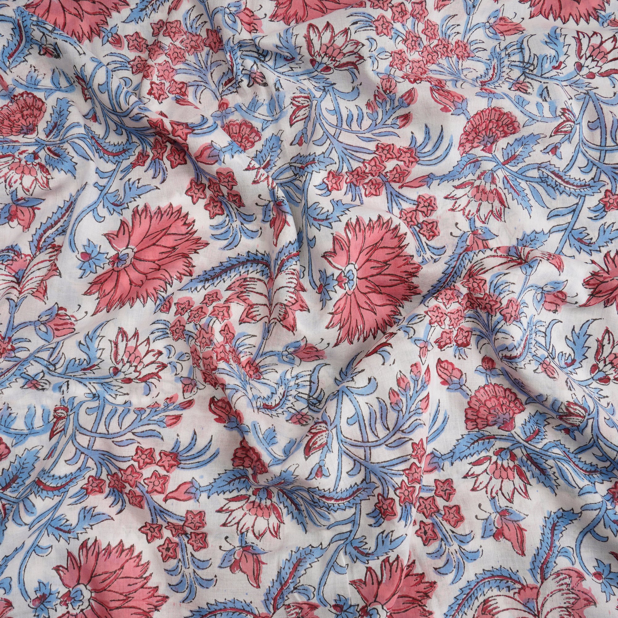 White Floral Pattern Hand Block Printed Cotton Mulmul Fabric