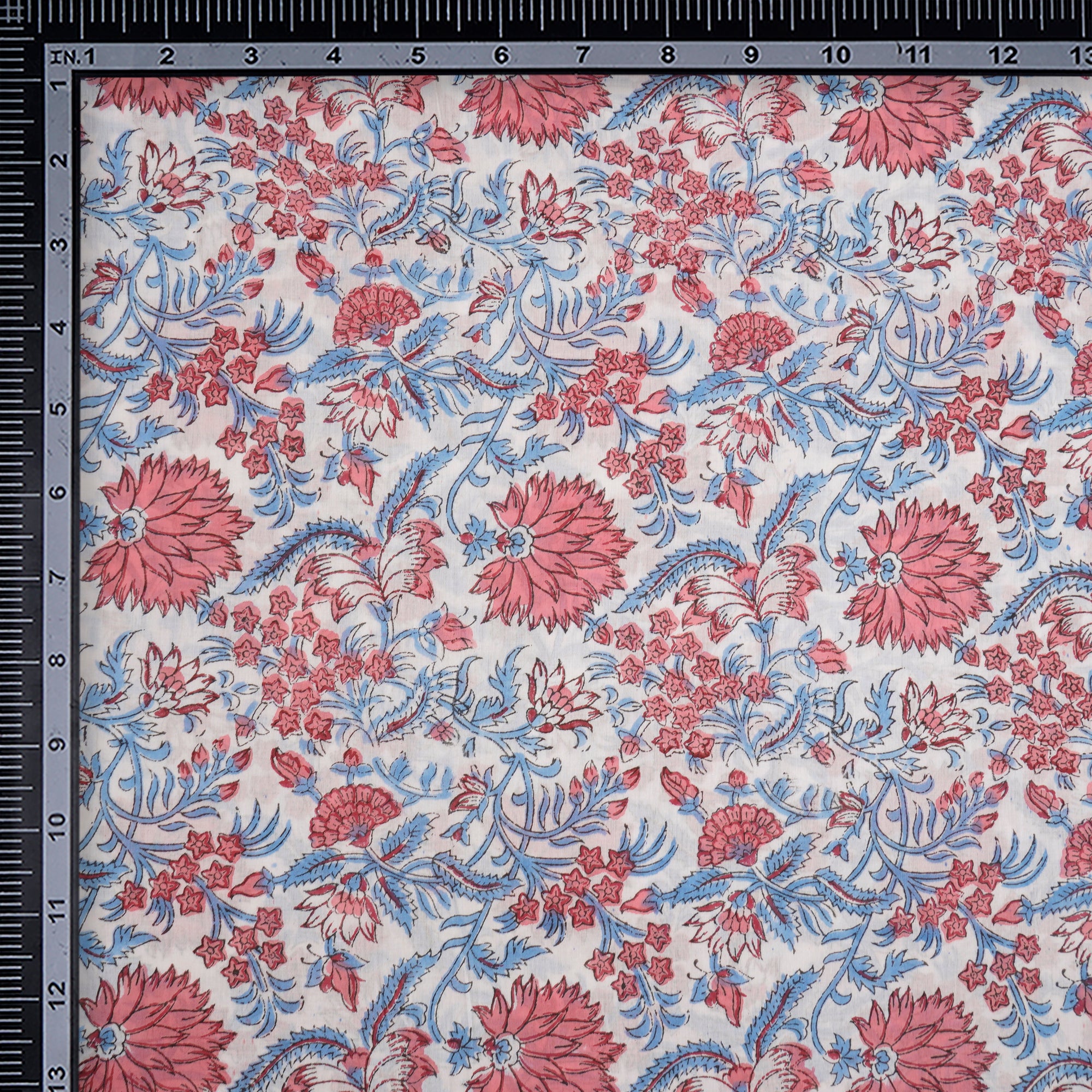 White Floral Pattern Hand Block Printed Cotton Mulmul Fabric