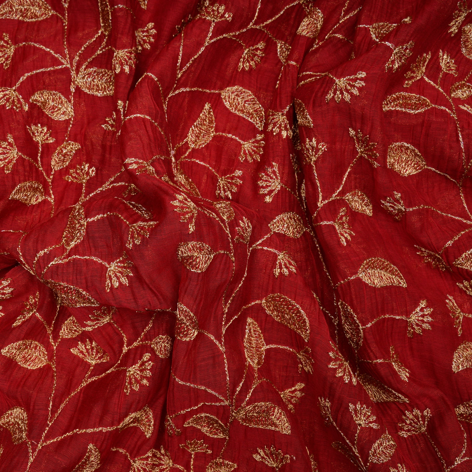 Maroon -Gold Floral Pattern Zari Embroidered Chanderi Fabric