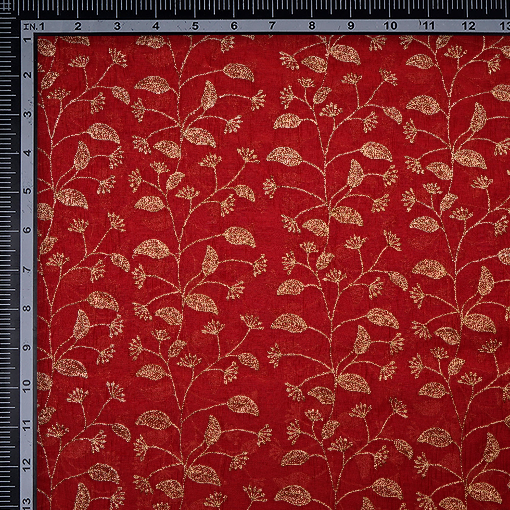 Maroon -Gold Floral Pattern Zari Embroidered Chanderi Fabric