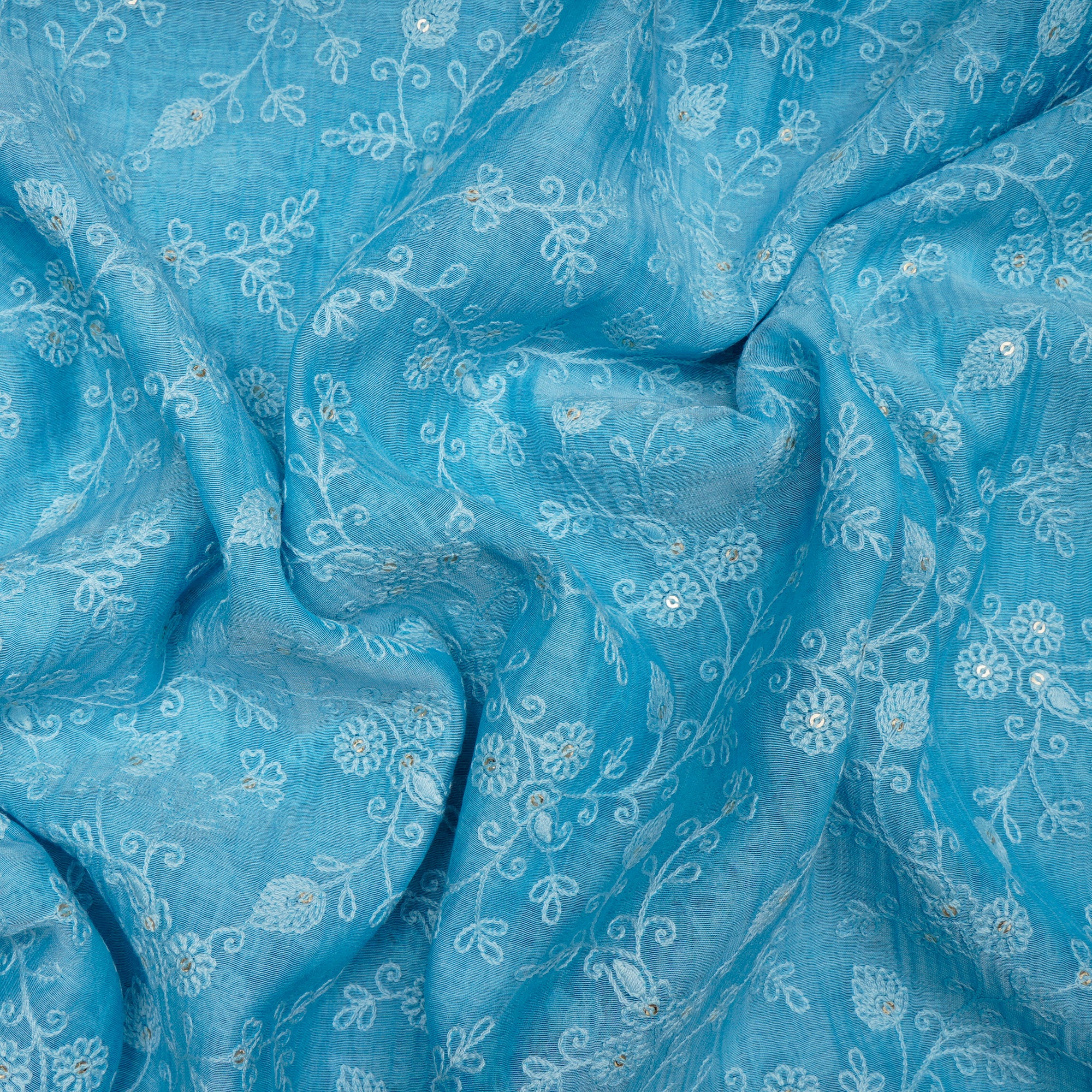 Sky Blue Embroidered Pure Fine Chanderi Fabric