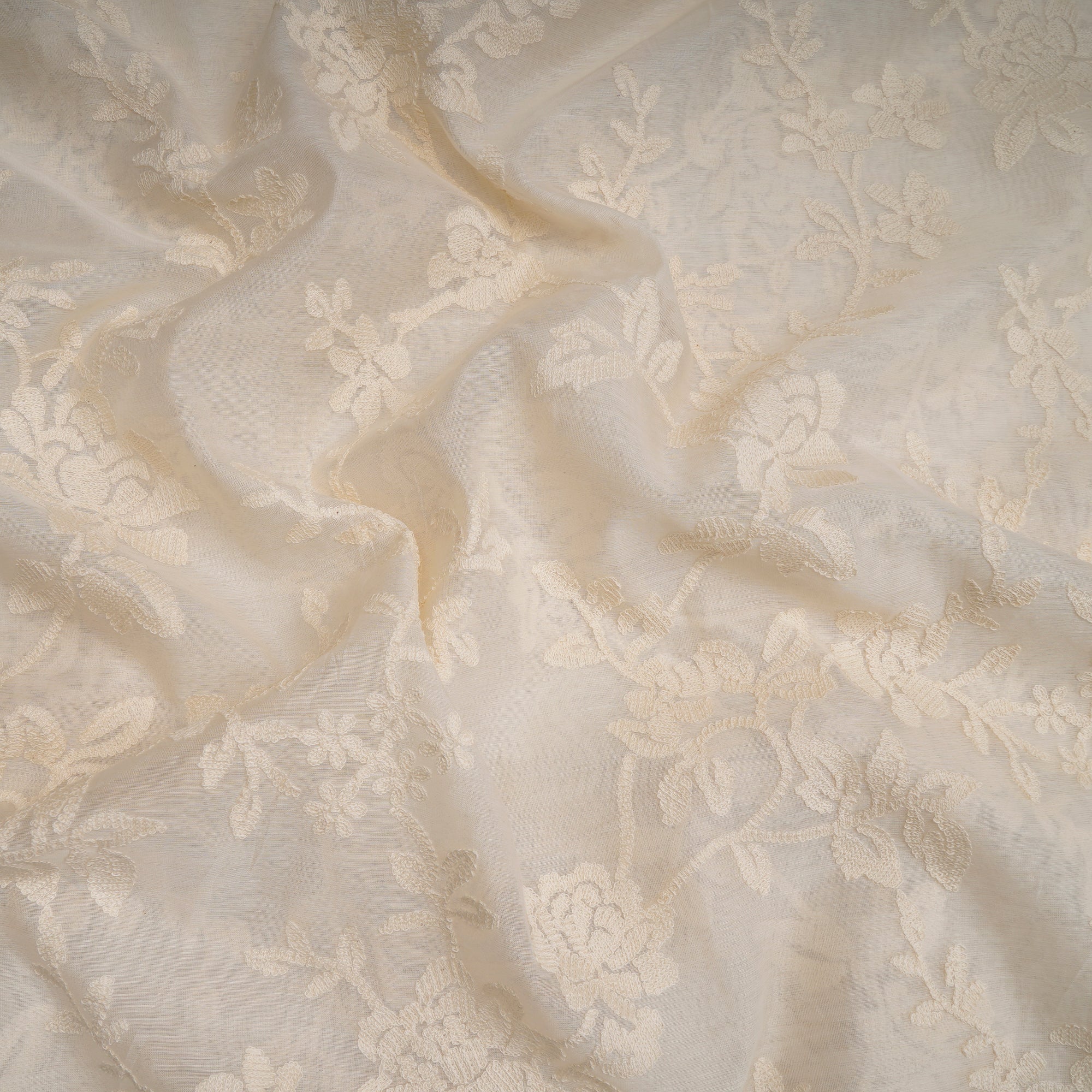 White Dyeable All Over Pattern Thread Embroidered Chanderi Fabric