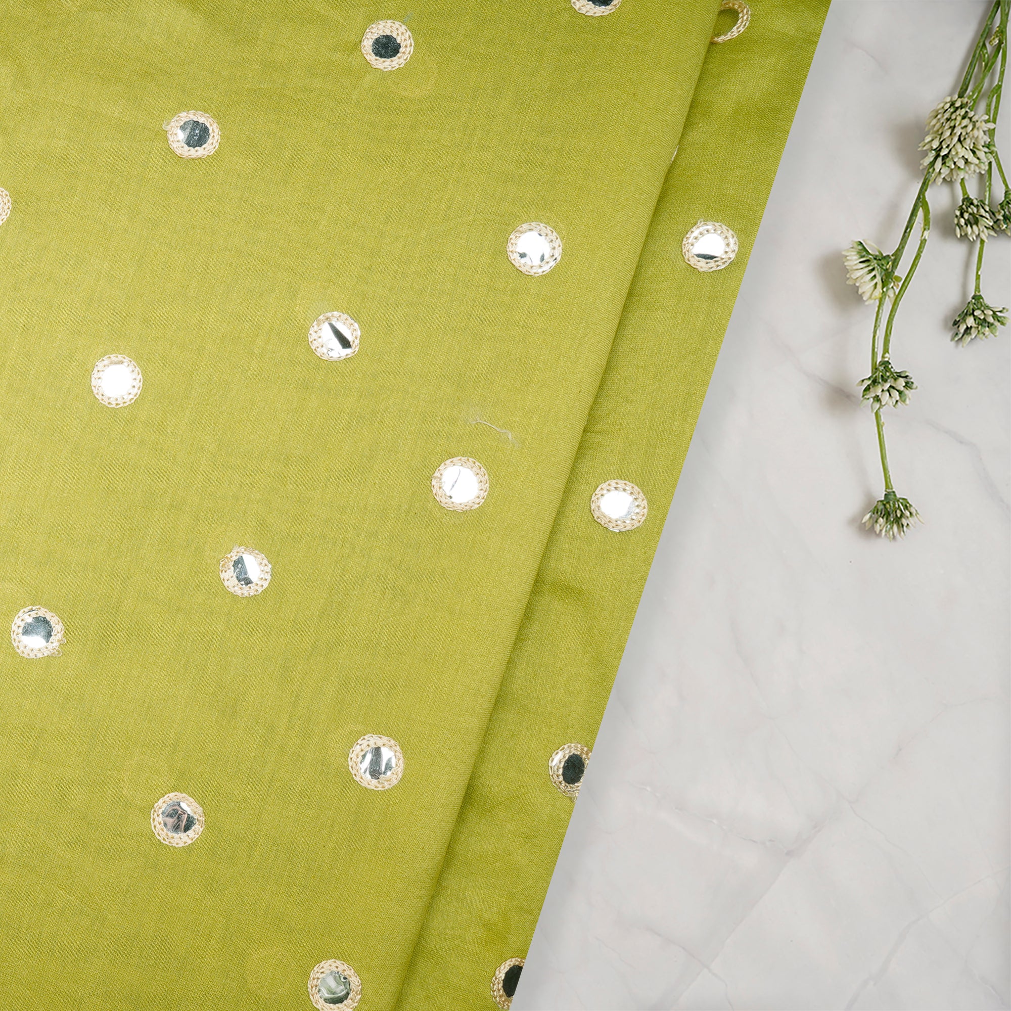 Lime Green Sequins Embroidered Chanderi Fabric