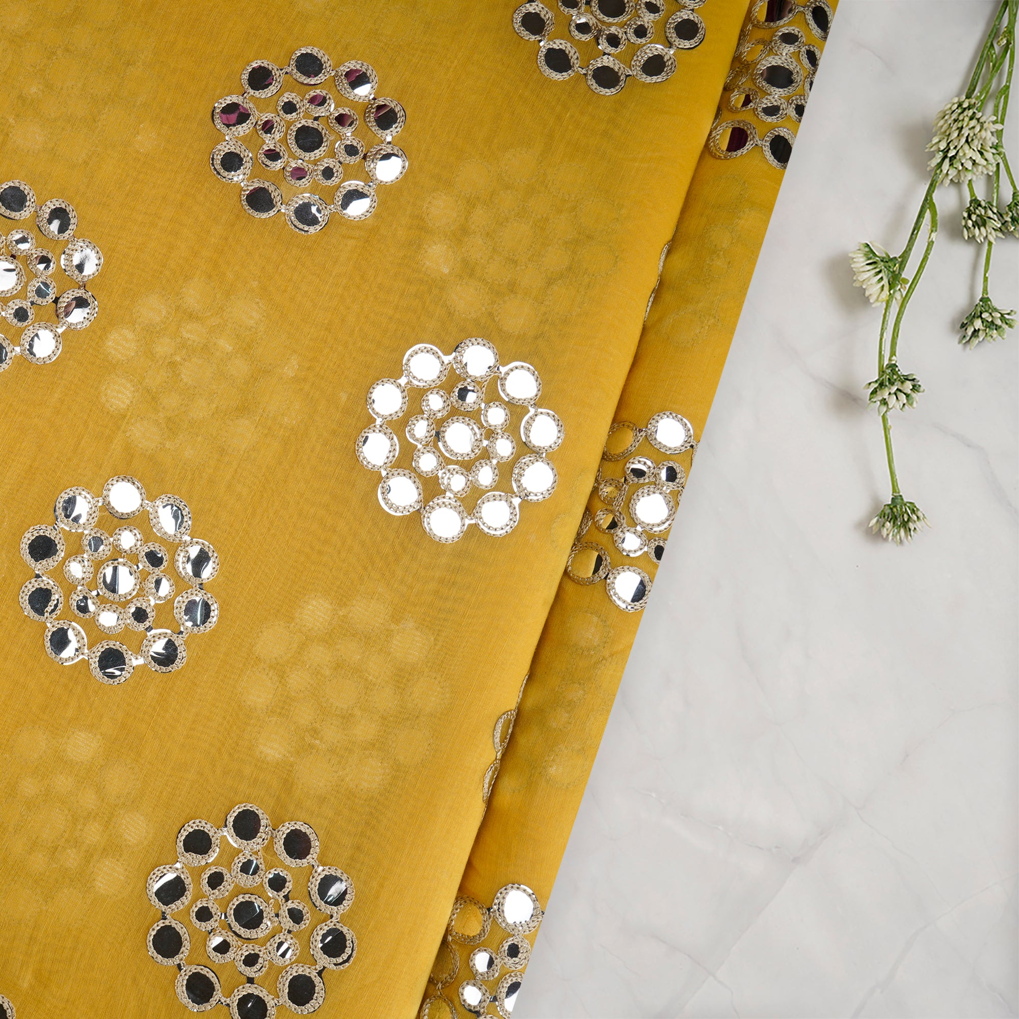 Super Lemon Motif Pattern Thread & Sequin Embroidered Chanderi Fabric