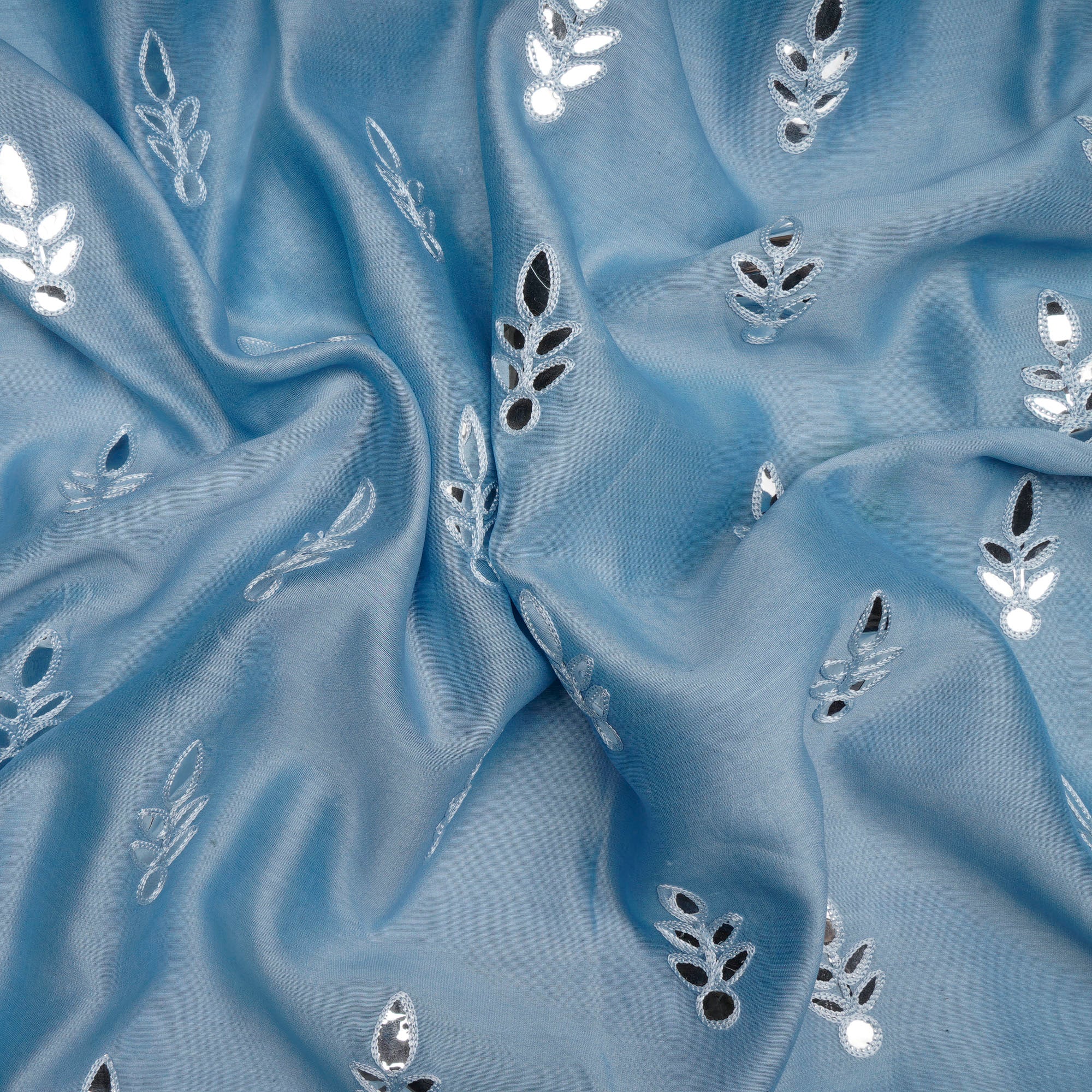Light Blue Color Mirror Work Embroidered Pure Chanderi Fabric