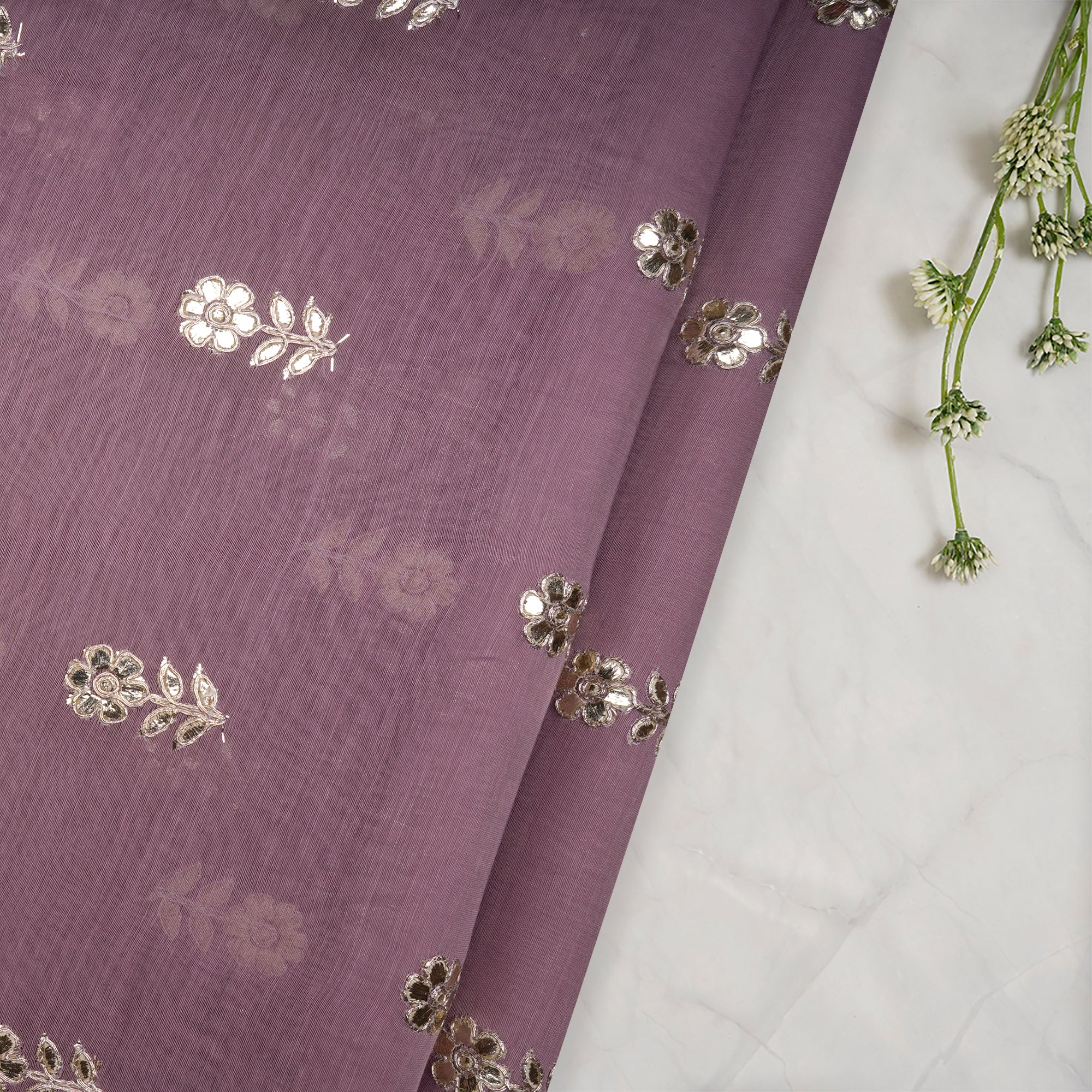 Purple Motif Pattern Thread Embroidered Chanderi Fabric