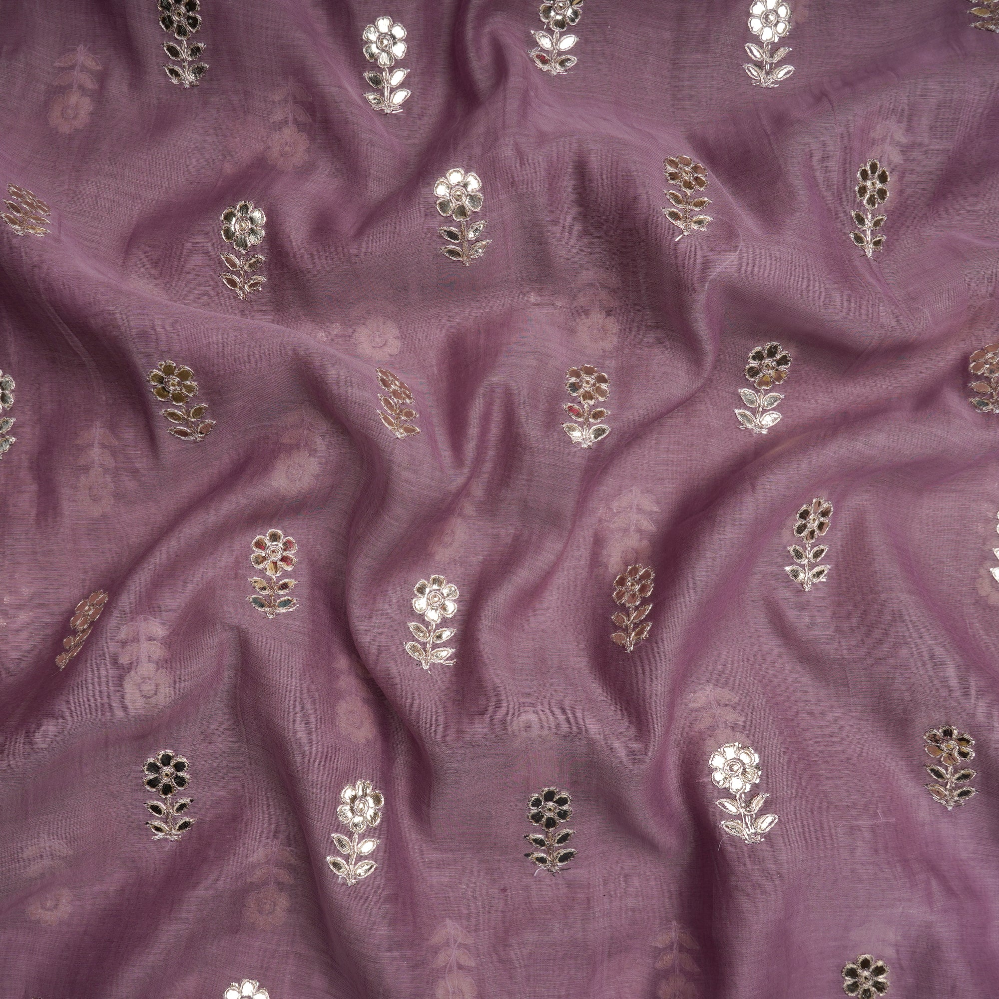 Purple Motif Pattern Thread Embroidered Chanderi Fabric