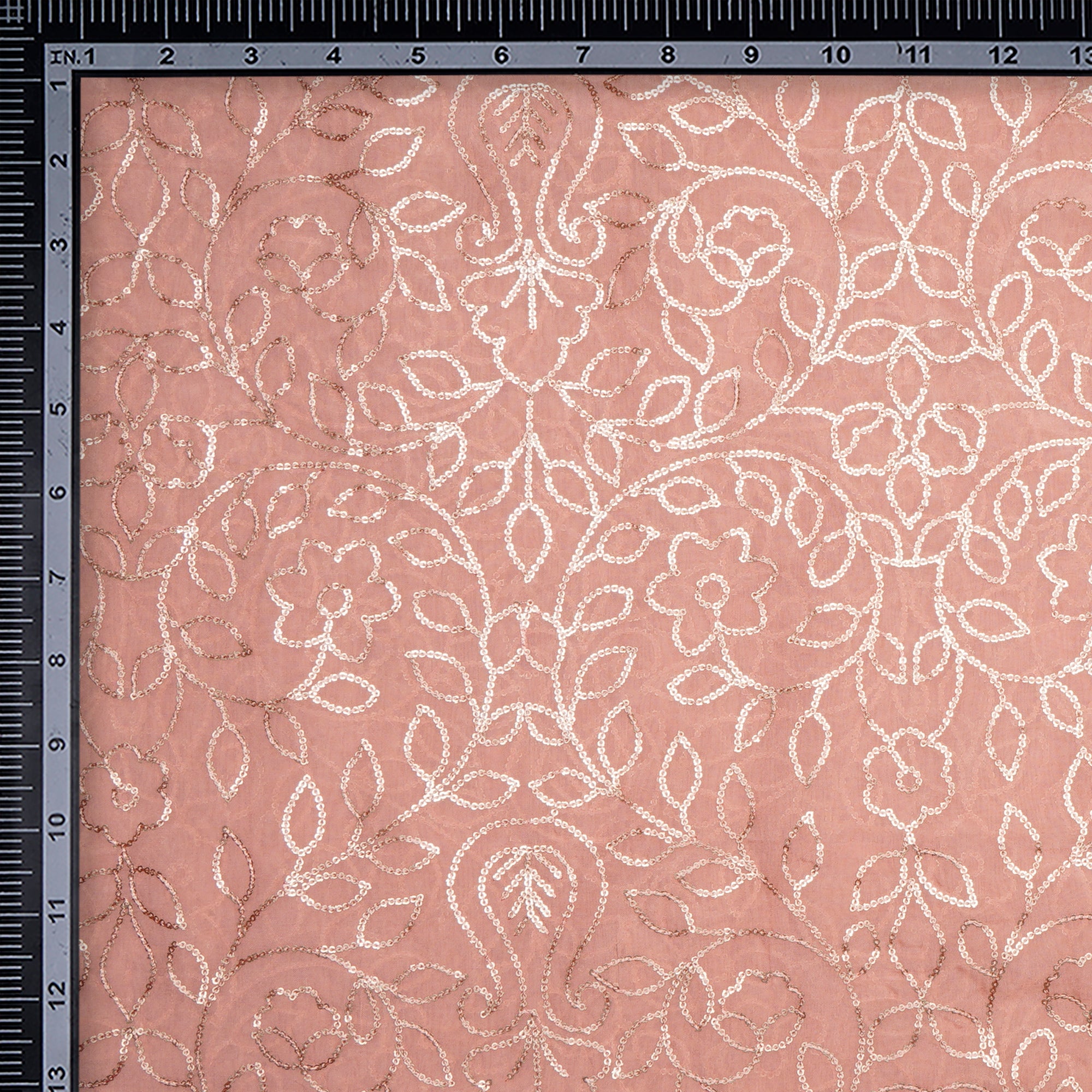 Peach All Over Pattern Sequins Embroidered Viscose Organza Fabric