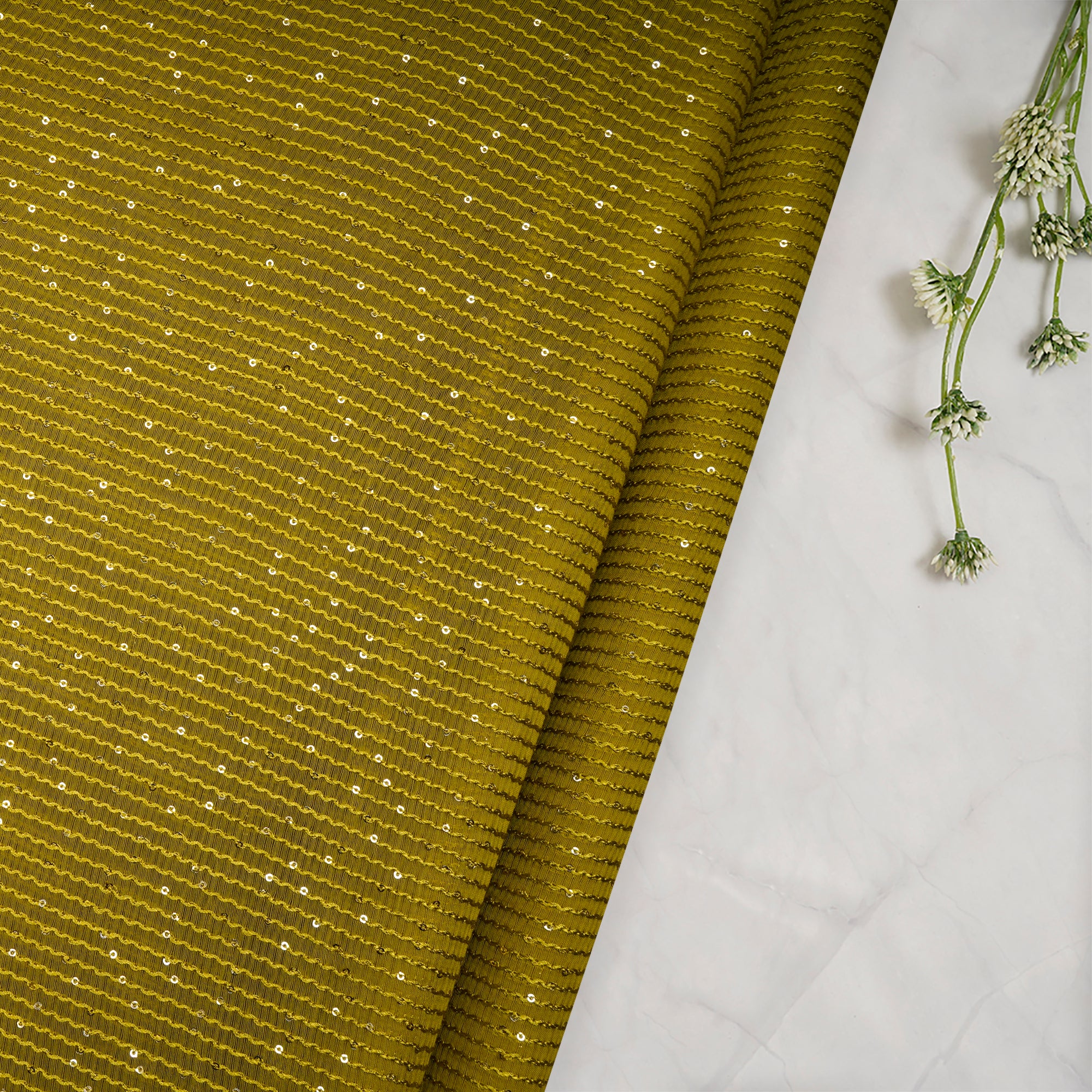 Lime Green All Over Pattern Sequins Embroidered Pure Chanderi Fabric