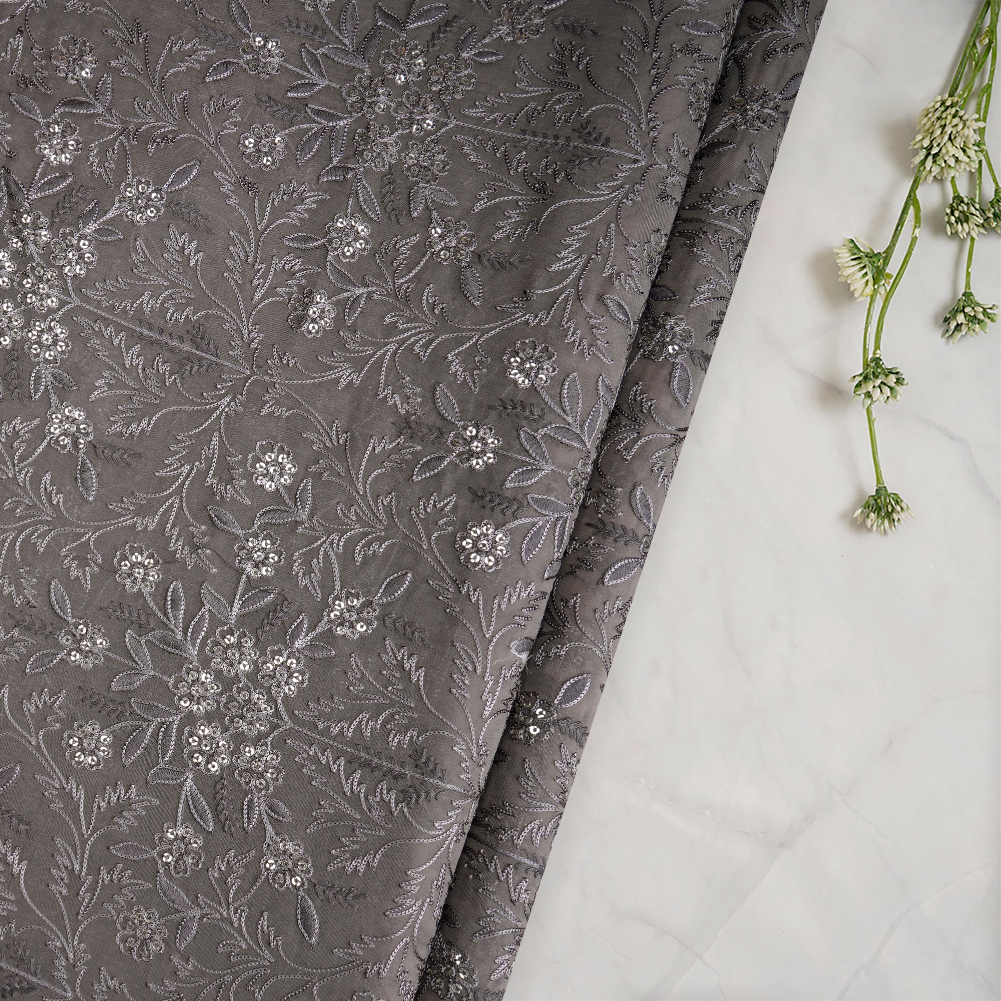 Grey Floral Pattern Thread & Sequins Embroidered Viscose Organza Fabric