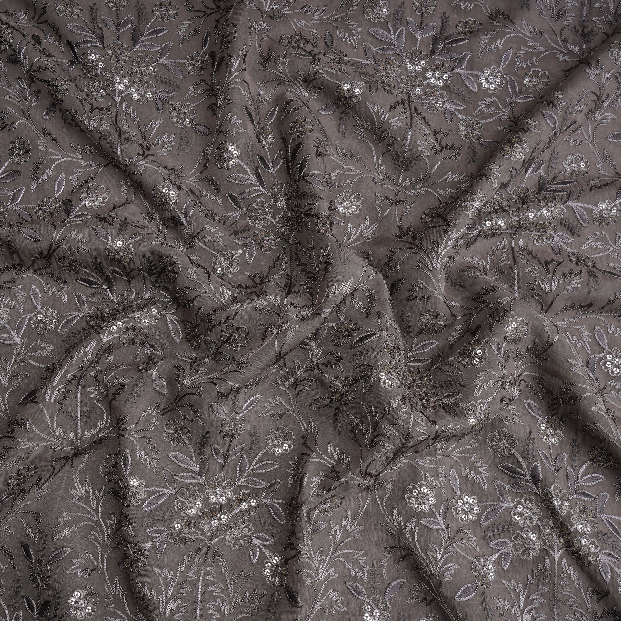 Grey Floral Pattern Thread & Sequins Embroidered Viscose Organza Fabric