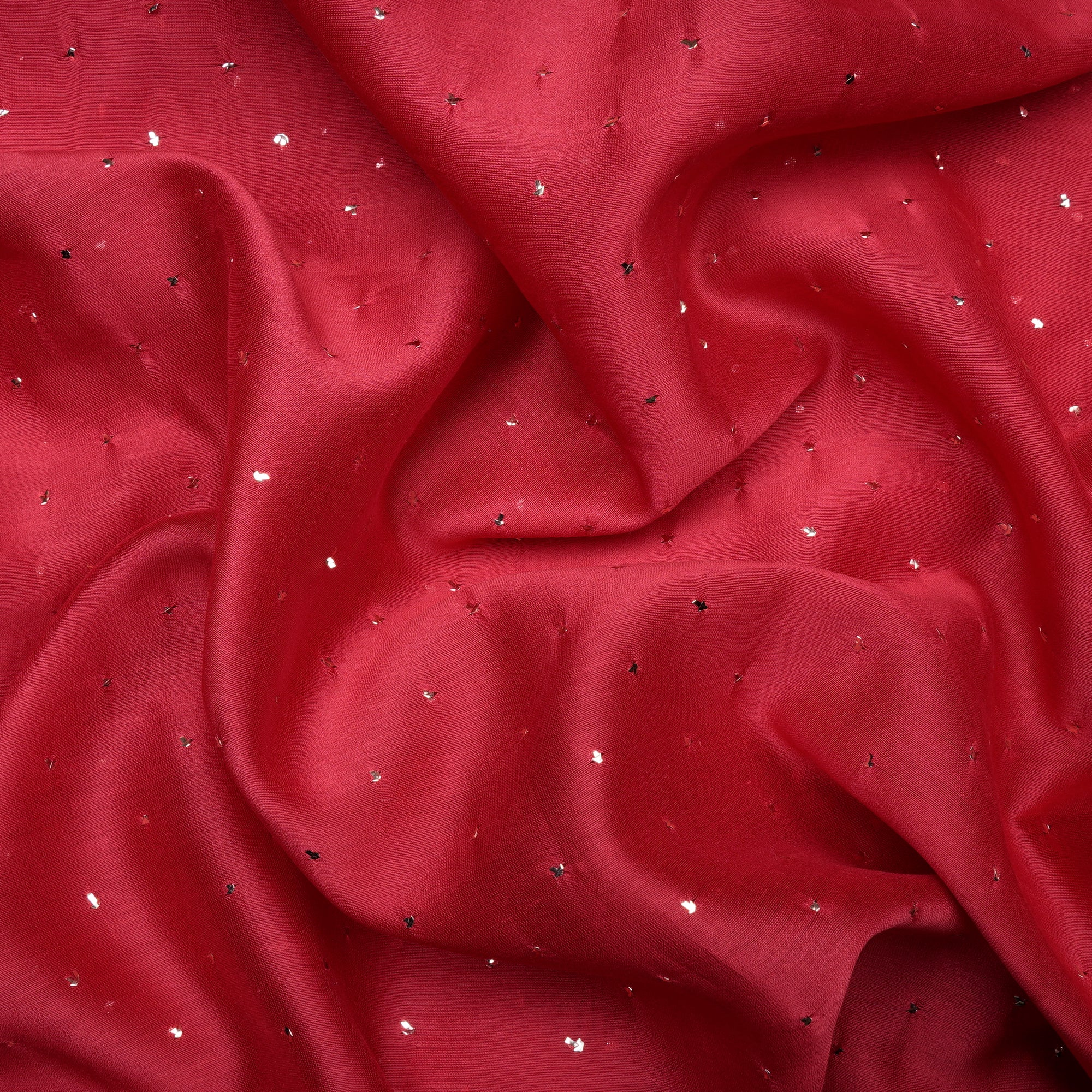 Red Dyed All Over Pattern Hand Embroidered Mukaish Type Dewdrops Work Tissue Chanderi Fabric