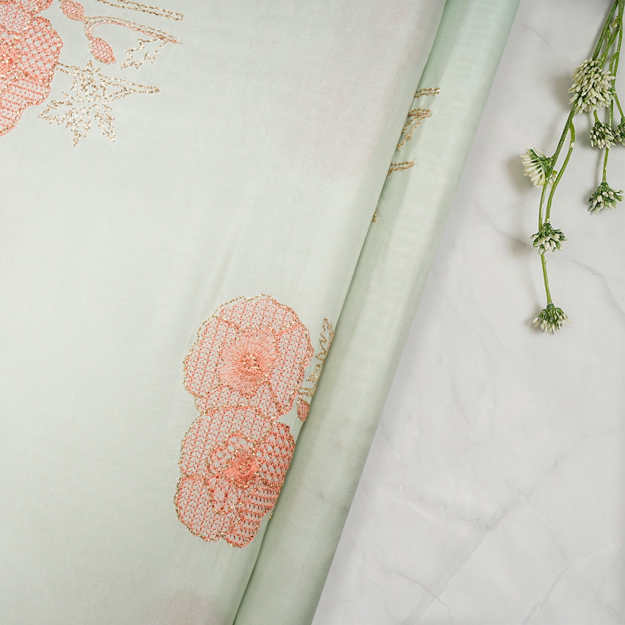 Mint Green Motif Pattern Zari Embroidered Baluchi Silk Fabric