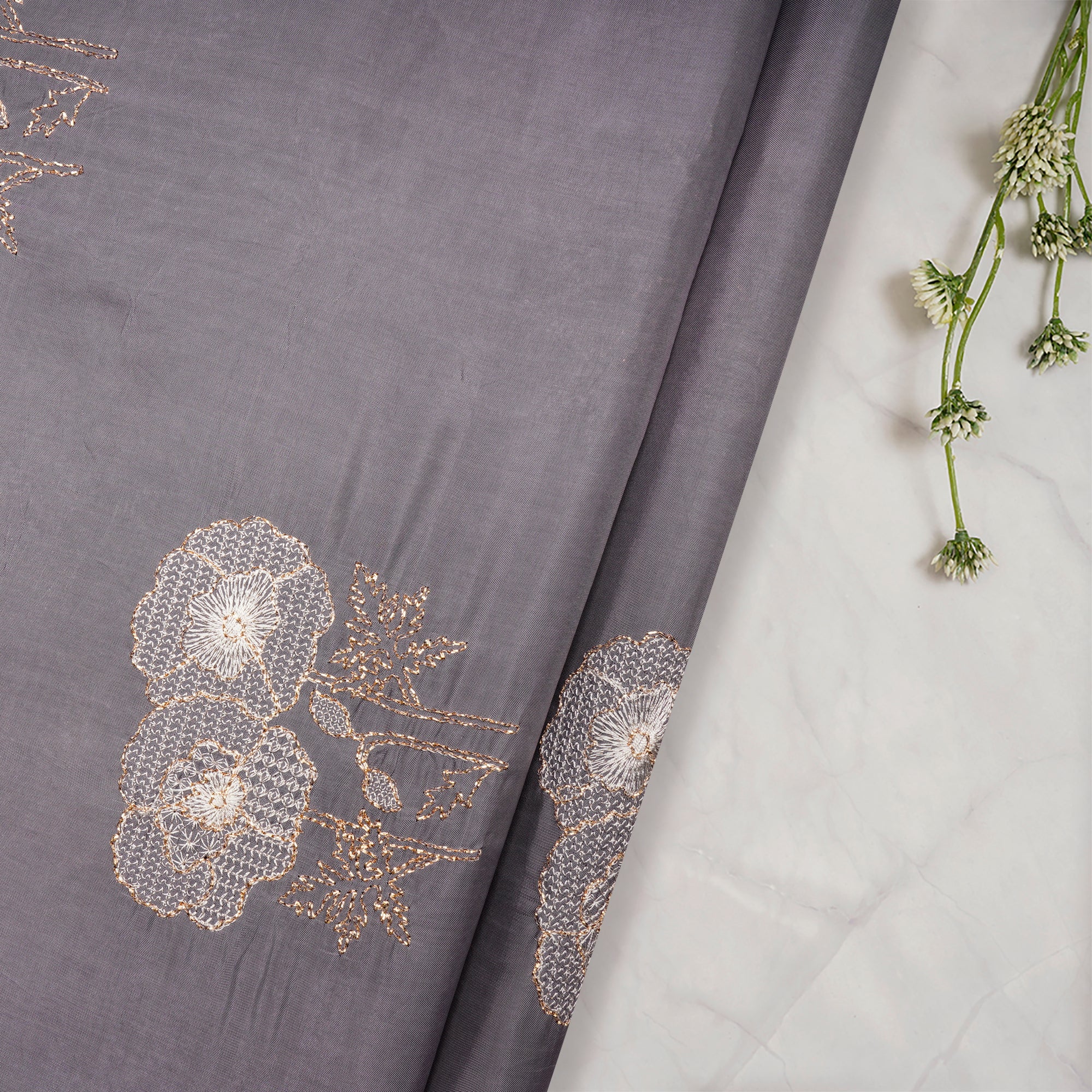 Grey Motif Pattern Zari Embroidered Baluchi Silk Fabric