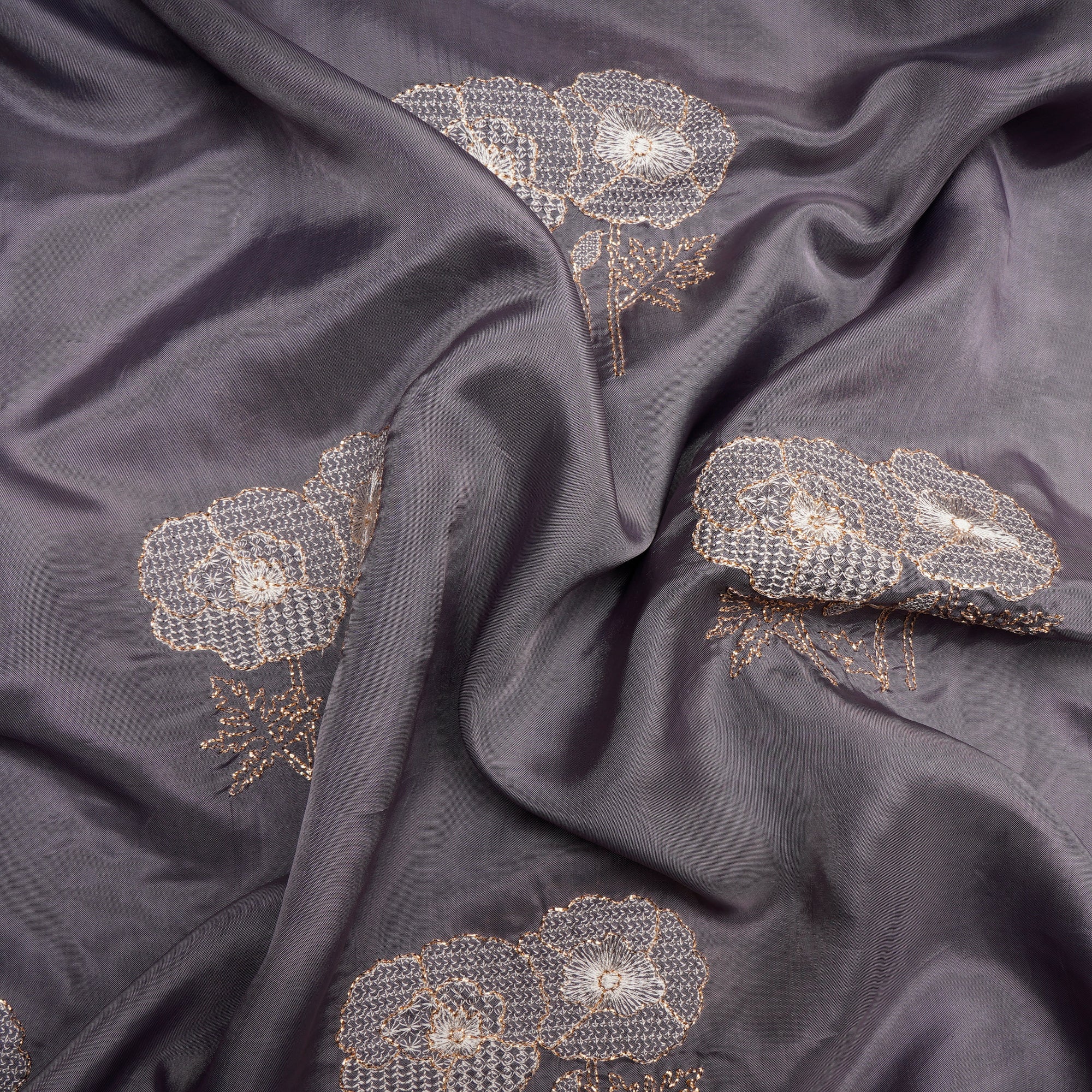 Grey Motif Pattern Zari Embroidered Baluchi Silk Fabric