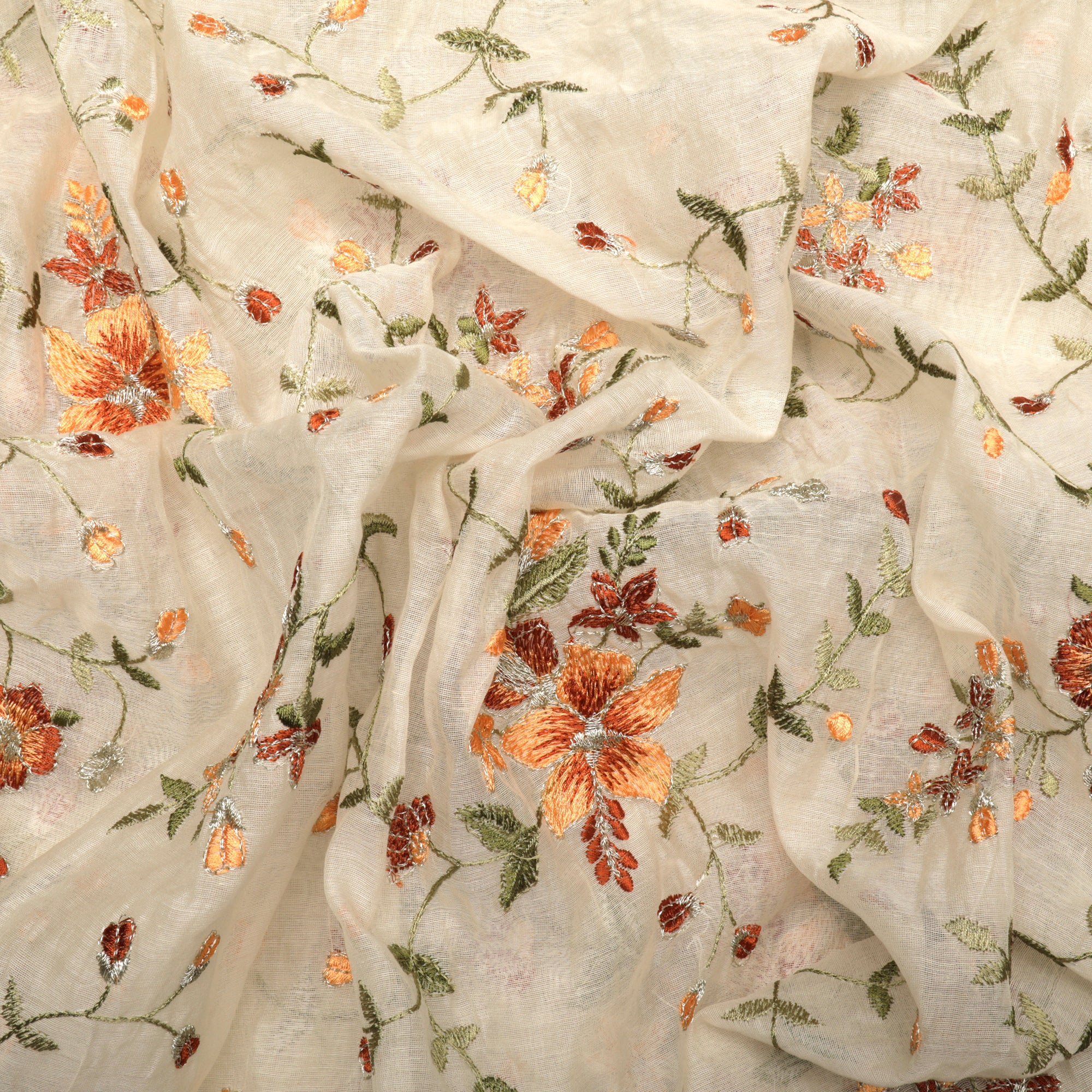 Off-White Dyeable Floral Pattern Embroidered Chanderi fabric