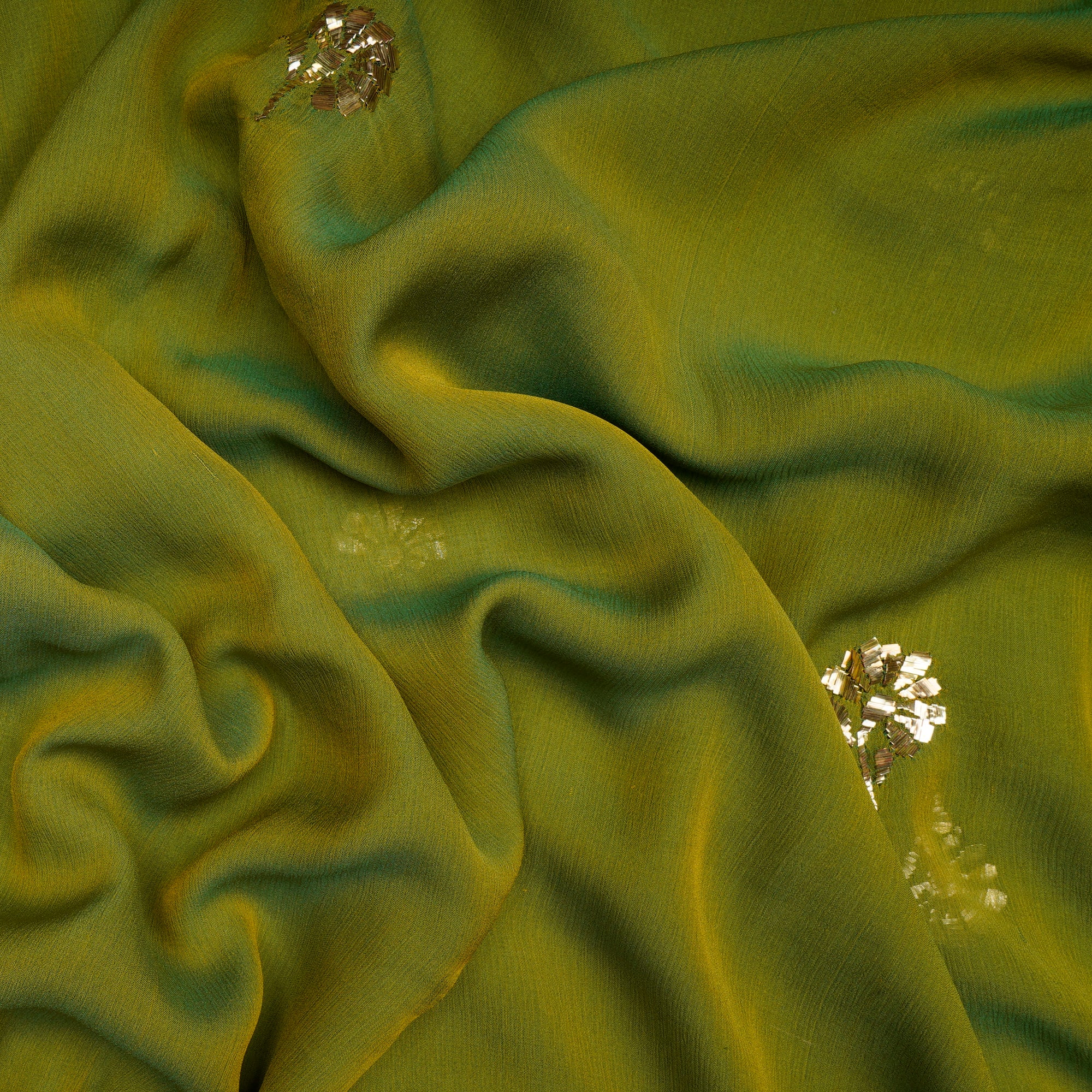 Parrot Green Handcrafted Mukaish Work Pure Chiffon Silk Fabric