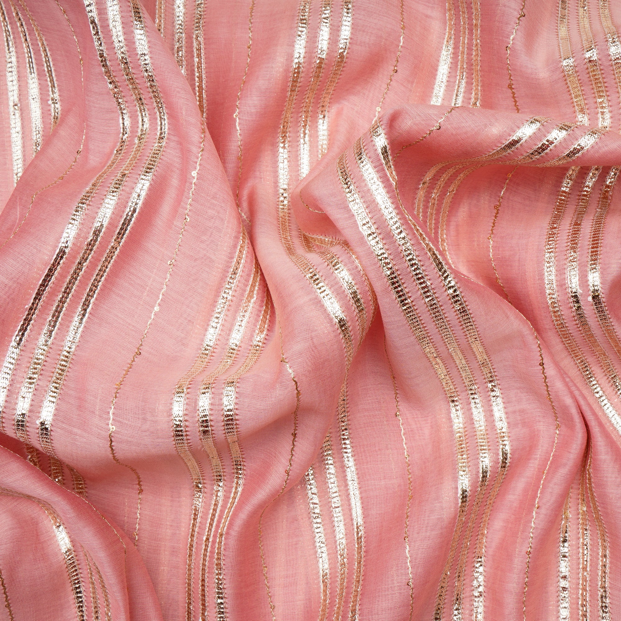 Quartz Pink-Gold Stripe Pattern Thread Embroidered Chanderi Fabric