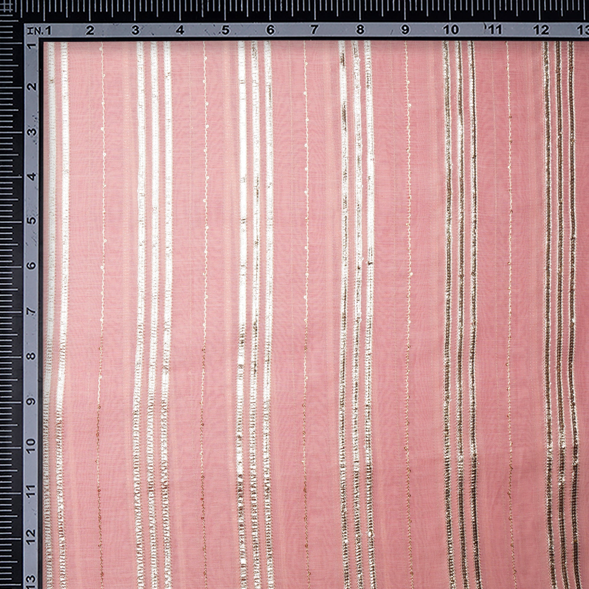 Quartz Pink-Gold Stripe Pattern Thread Embroidered Chanderi Fabric