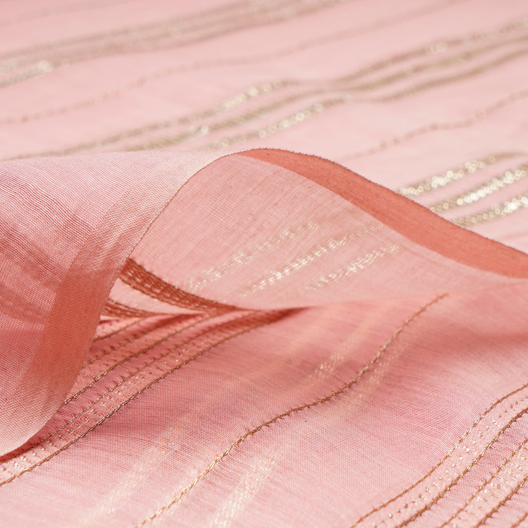 Quartz Pink-Gold Stripe Pattern Thread Embroidered Chanderi Fabric