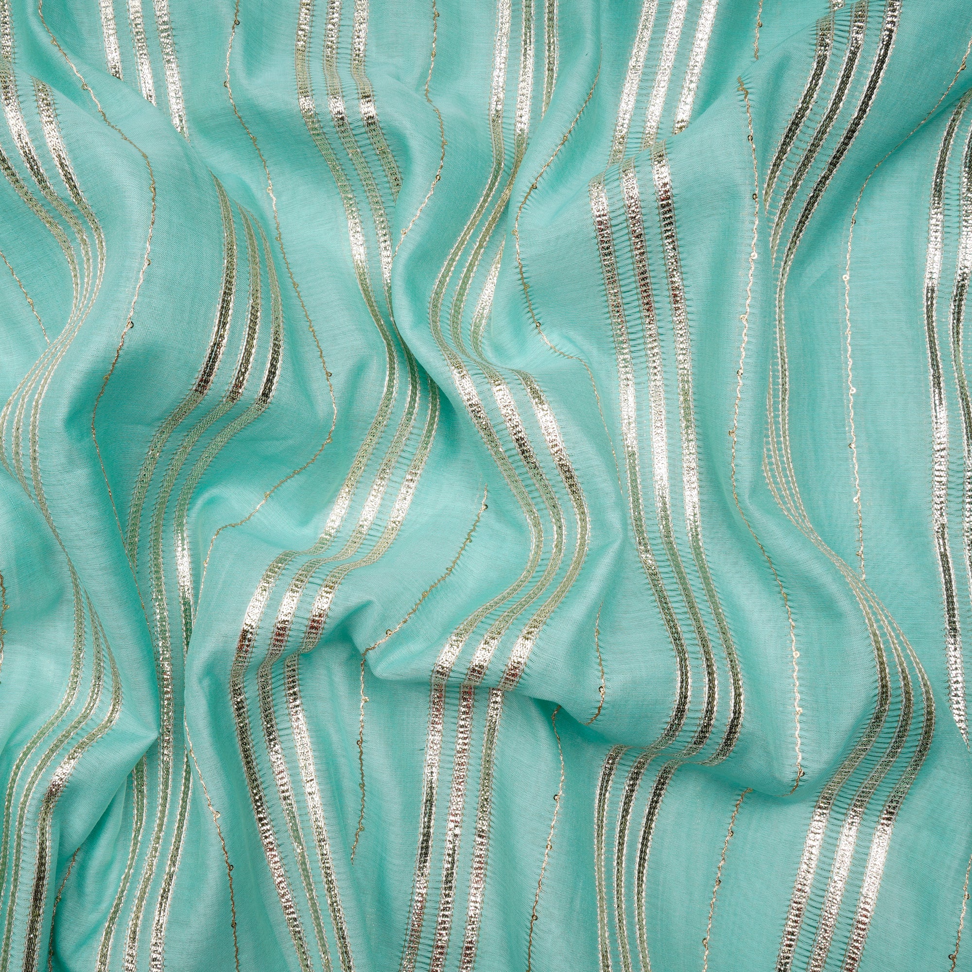 Yucca-Gold Stripe Pattern Thread Embroidered Chanderi Fabric